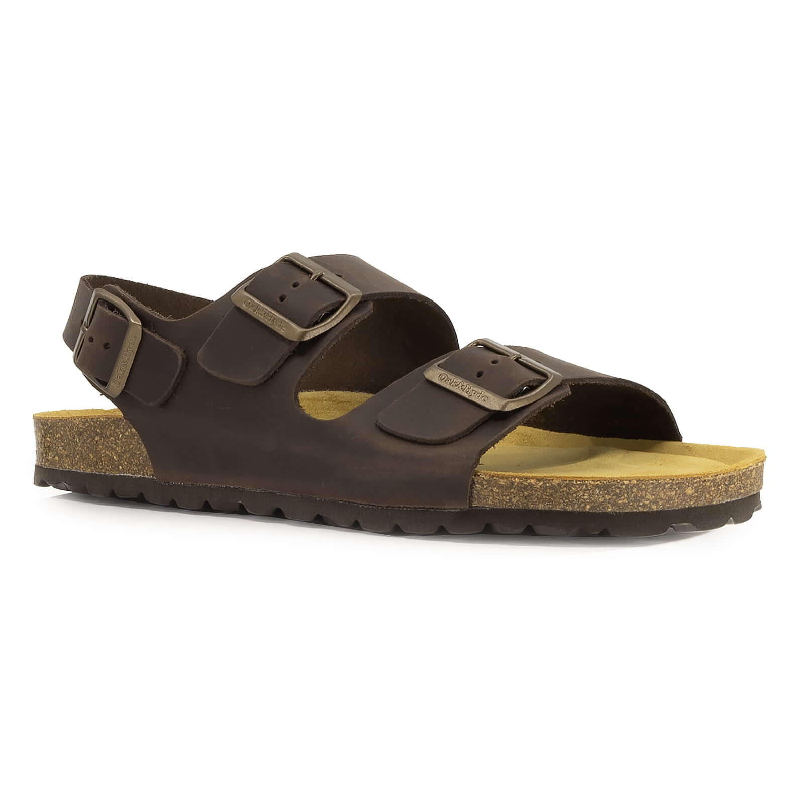 angled front view of dark brown oak & hyde malaga back strap sandals showing adjustable buckles and open toe design