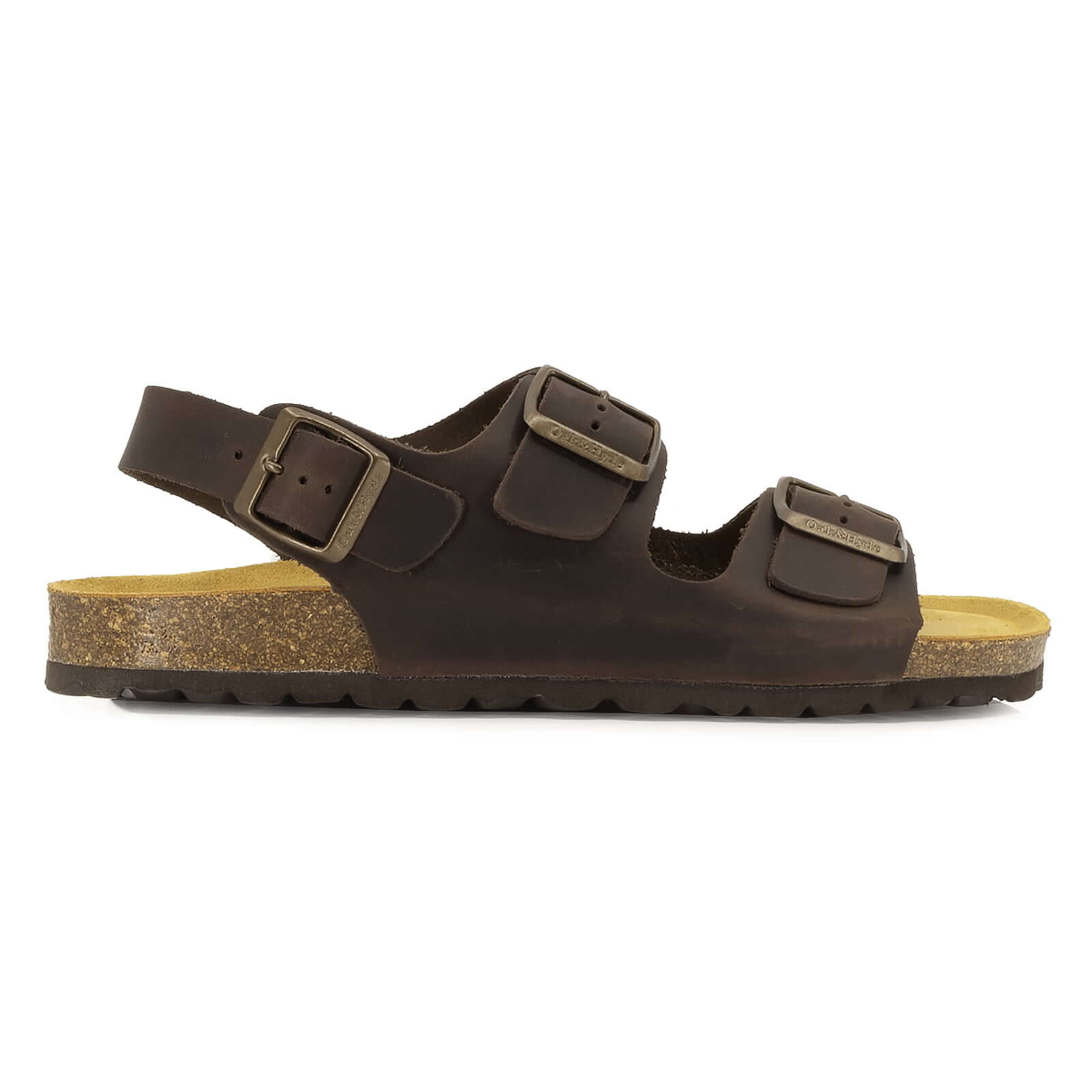 side profile of dark brown oak & hyde malaga back strap sandals with double buckle straps and cork footbed