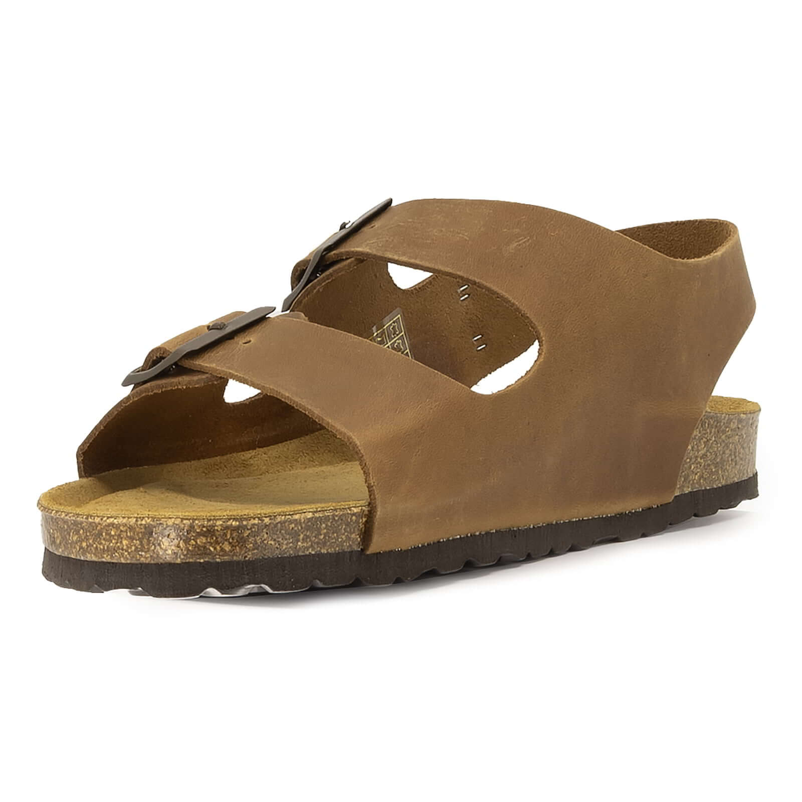 front view of tan oak & hyde malaga back strap sandals highlighting wide leather straps and contoured cork footbed