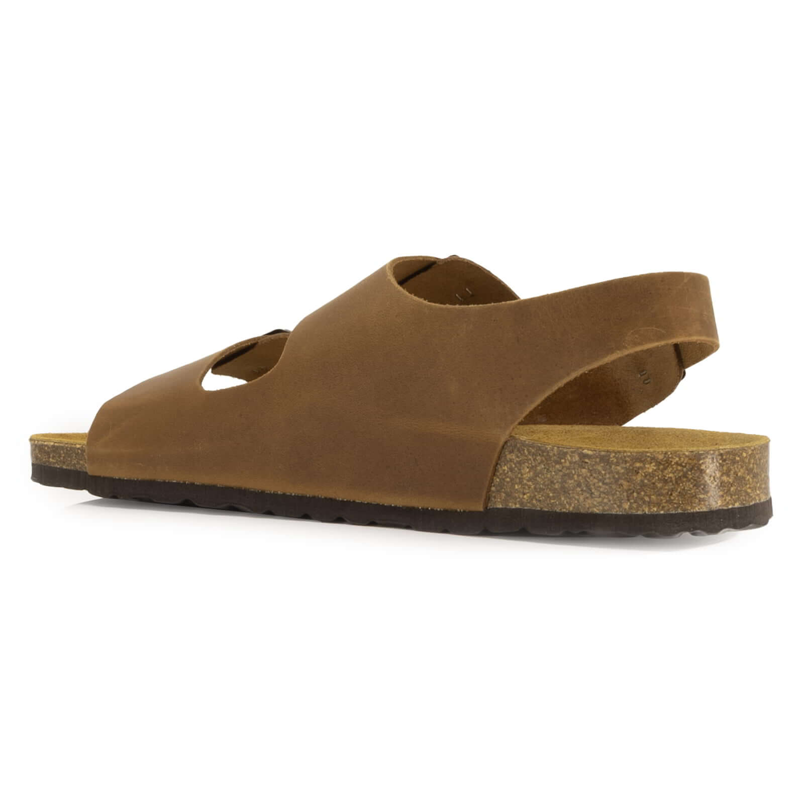 side view of tan oak & hyde malaga back strap sandals showing supportive heel strap and leather upper