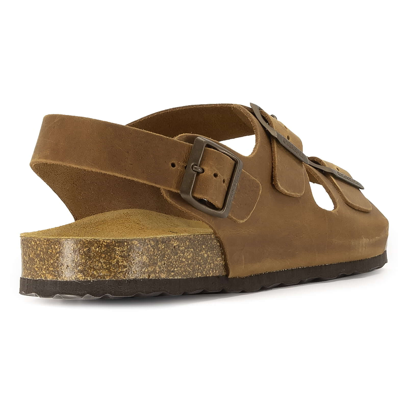 rear angle view of tan oak & hyde malaga back strap sandals showing adjustable heel strap and cork sole