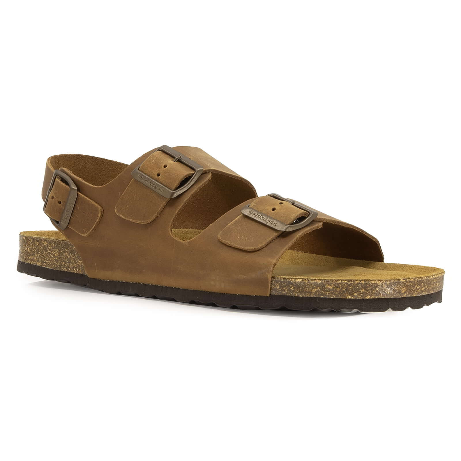 angled front view of tan oak & hyde malaga back strap sandals showing adjustable buckles and open toe design