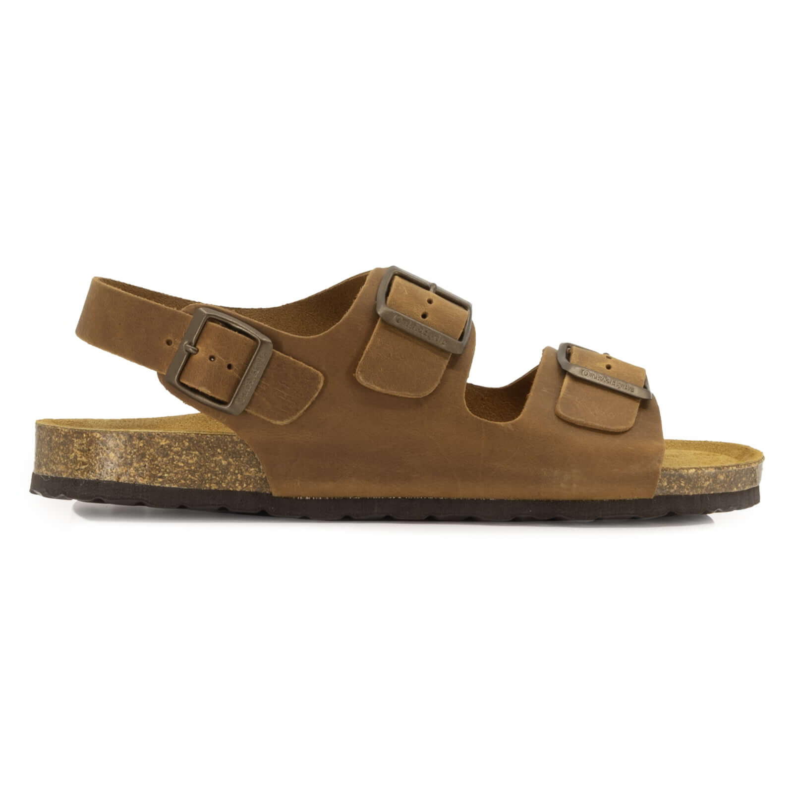 side profile of tan oak & hyde malaga back strap sandals with double buckle straps and cork footbed