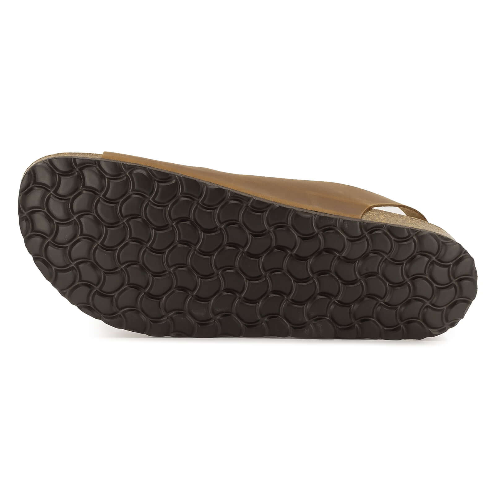 outsole of tan oak & hyde malaga back strap sandals showing textured tread pattern