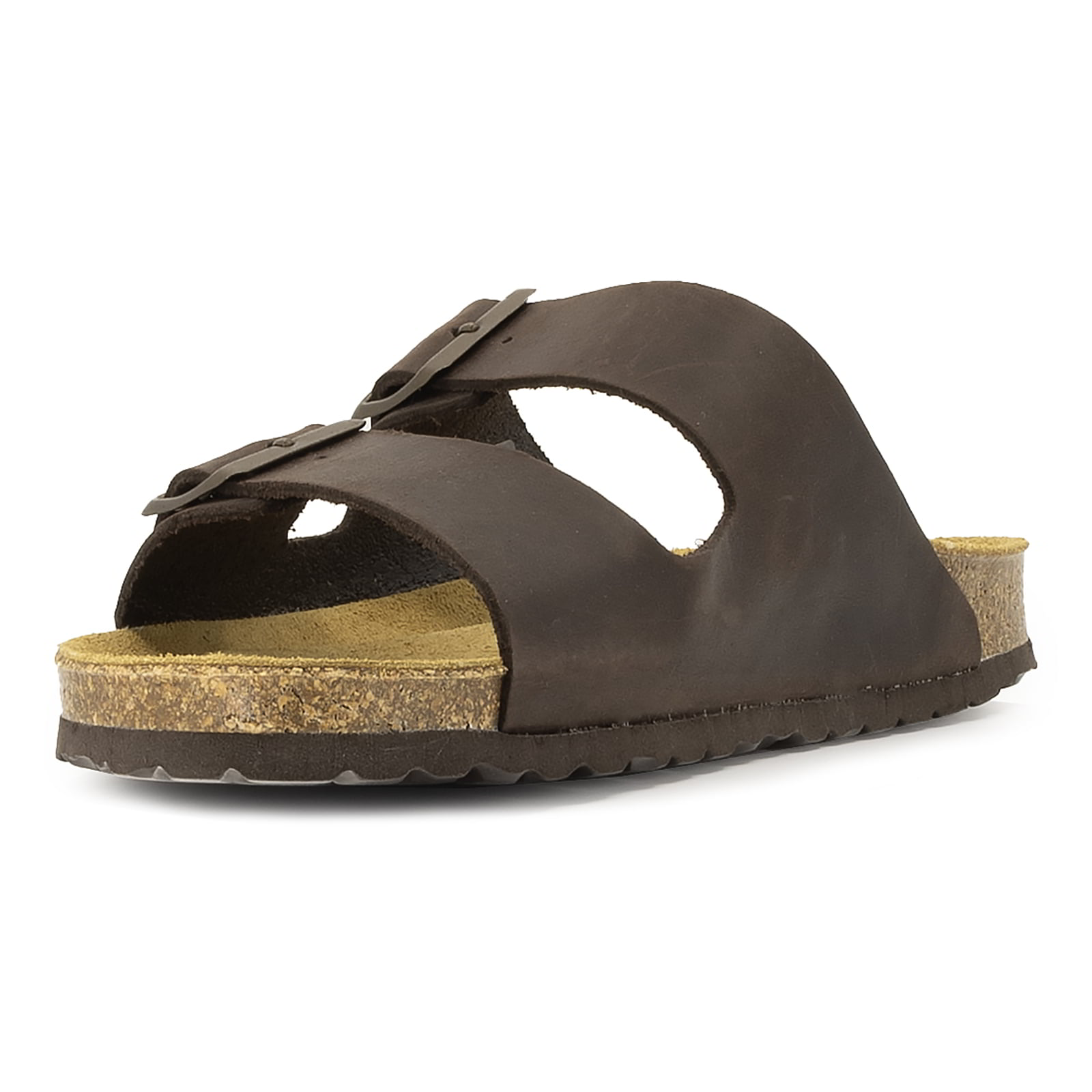 front view of dark brown oak & hyde malaga sandals highlighting wide strap design and cork midsole