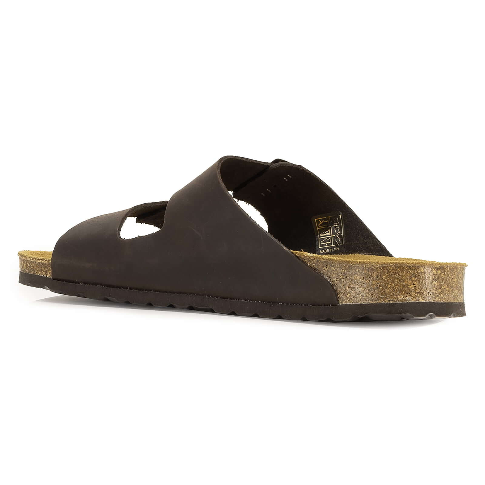 side view of dark brown oak & hyde malaga sandals showing leather upper and contoured footbed