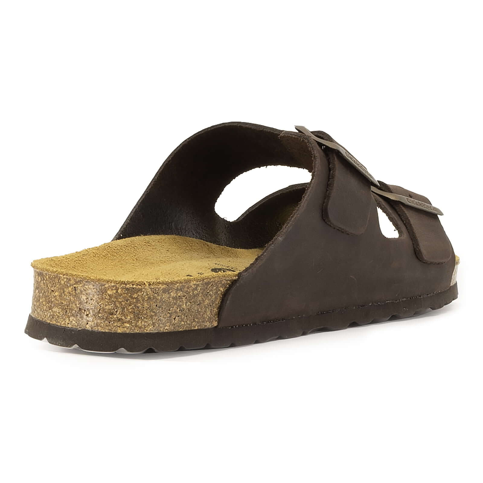 rear angle view of dark brown oak & hyde malaga sandals showing heel edge and cork sole