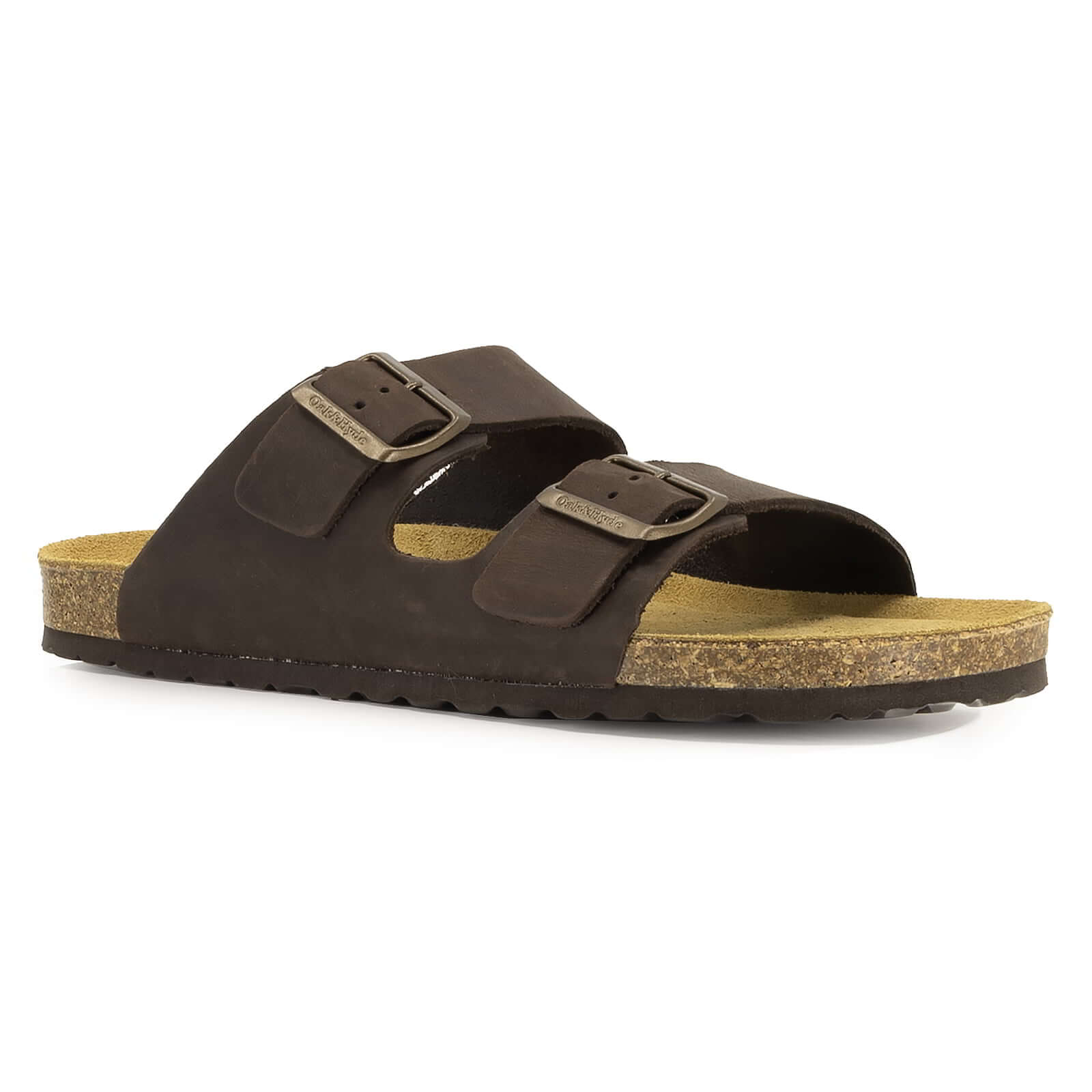 angled front view of dark brown oak & hyde malaga sandals showing adjustable buckle straps and open toe design