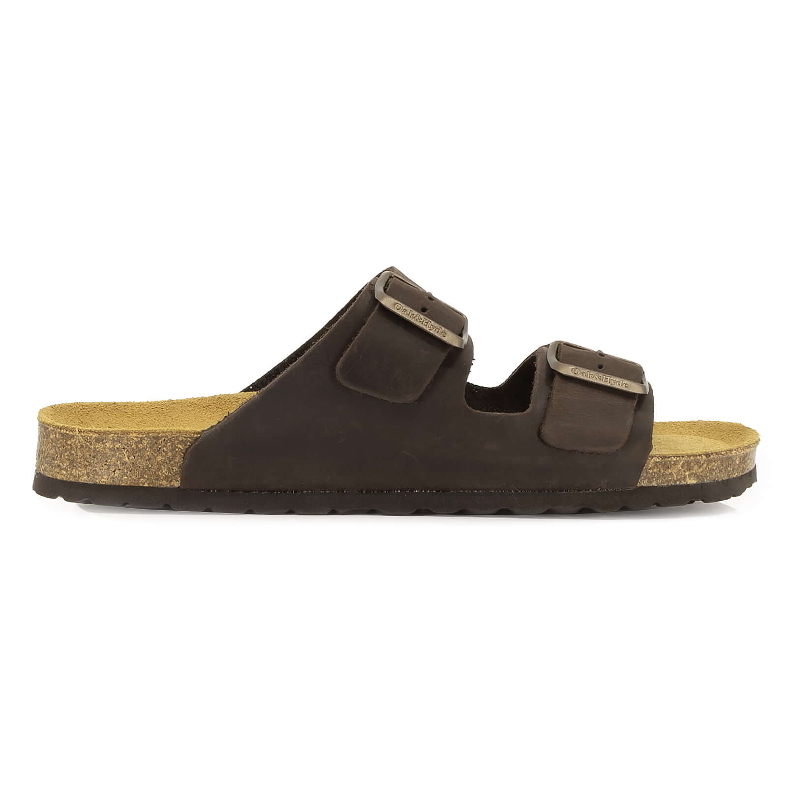 side profile of dark brown oak & hyde malaga sandals with double buckle straps and cork footbed