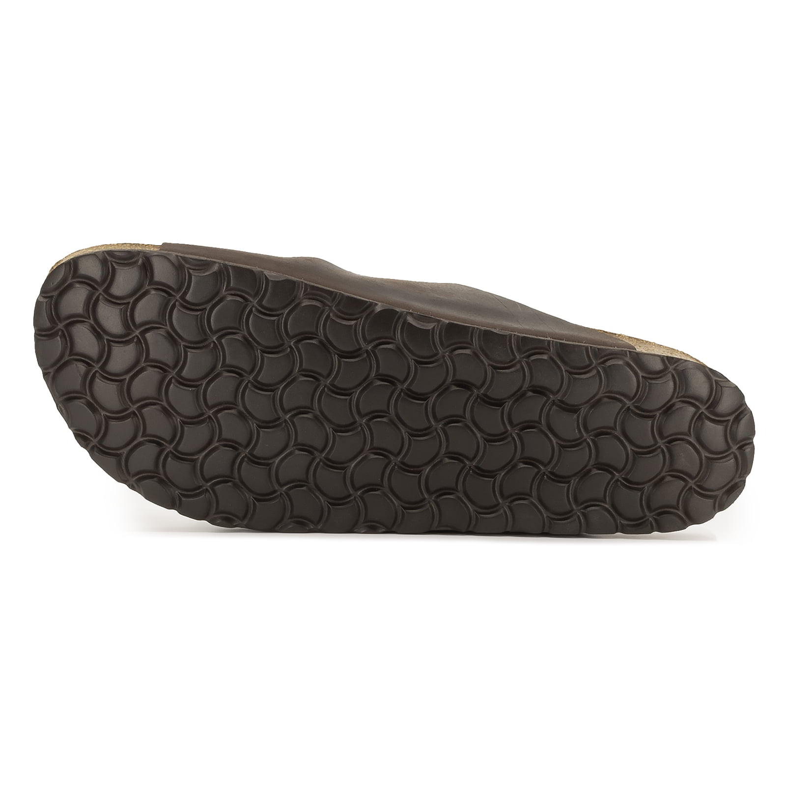 outsole of dark brown oak & hyde malaga sandals showing textured tread pattern
