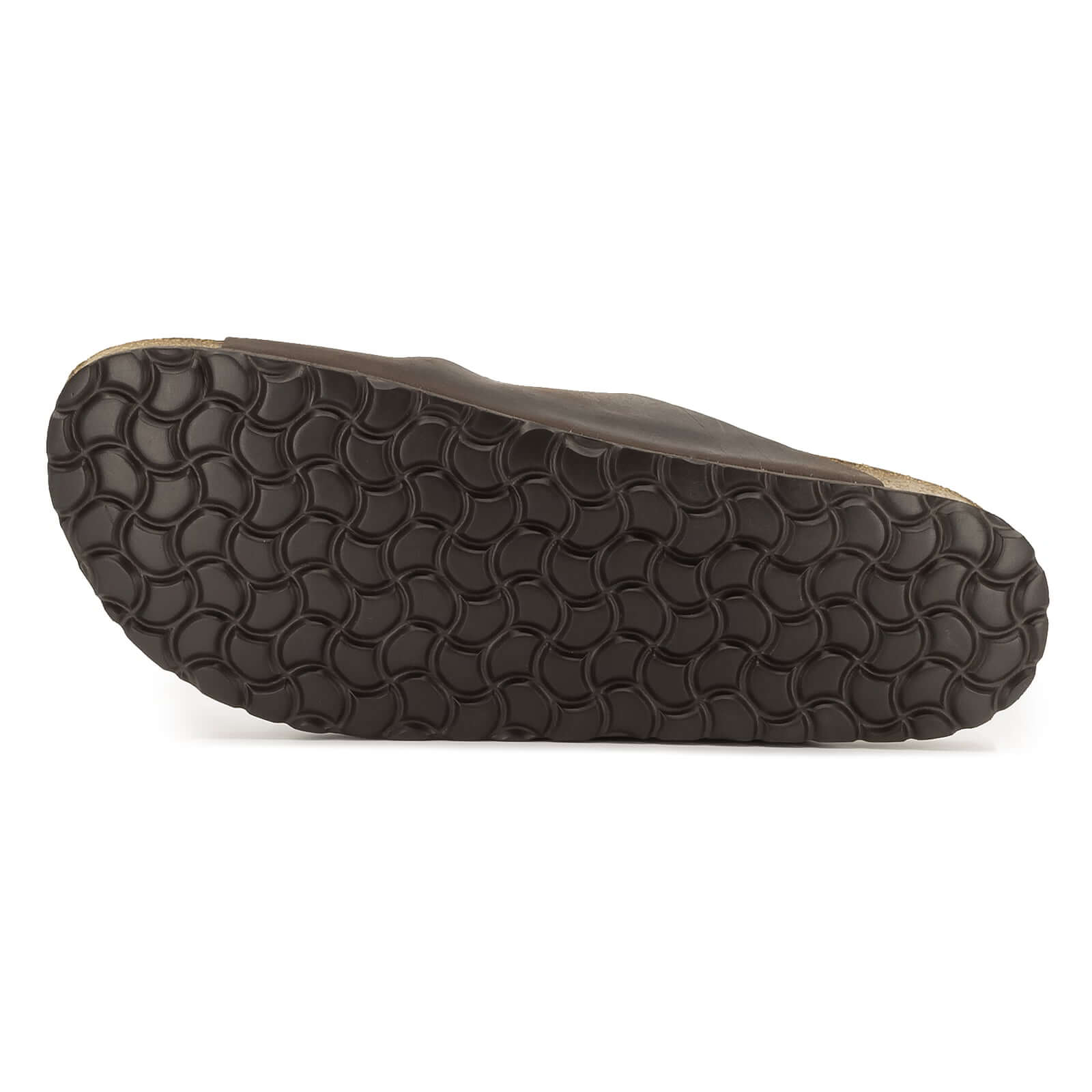 outsole of dark brown oak & hyde malaga sandals showing textured tread pattern
