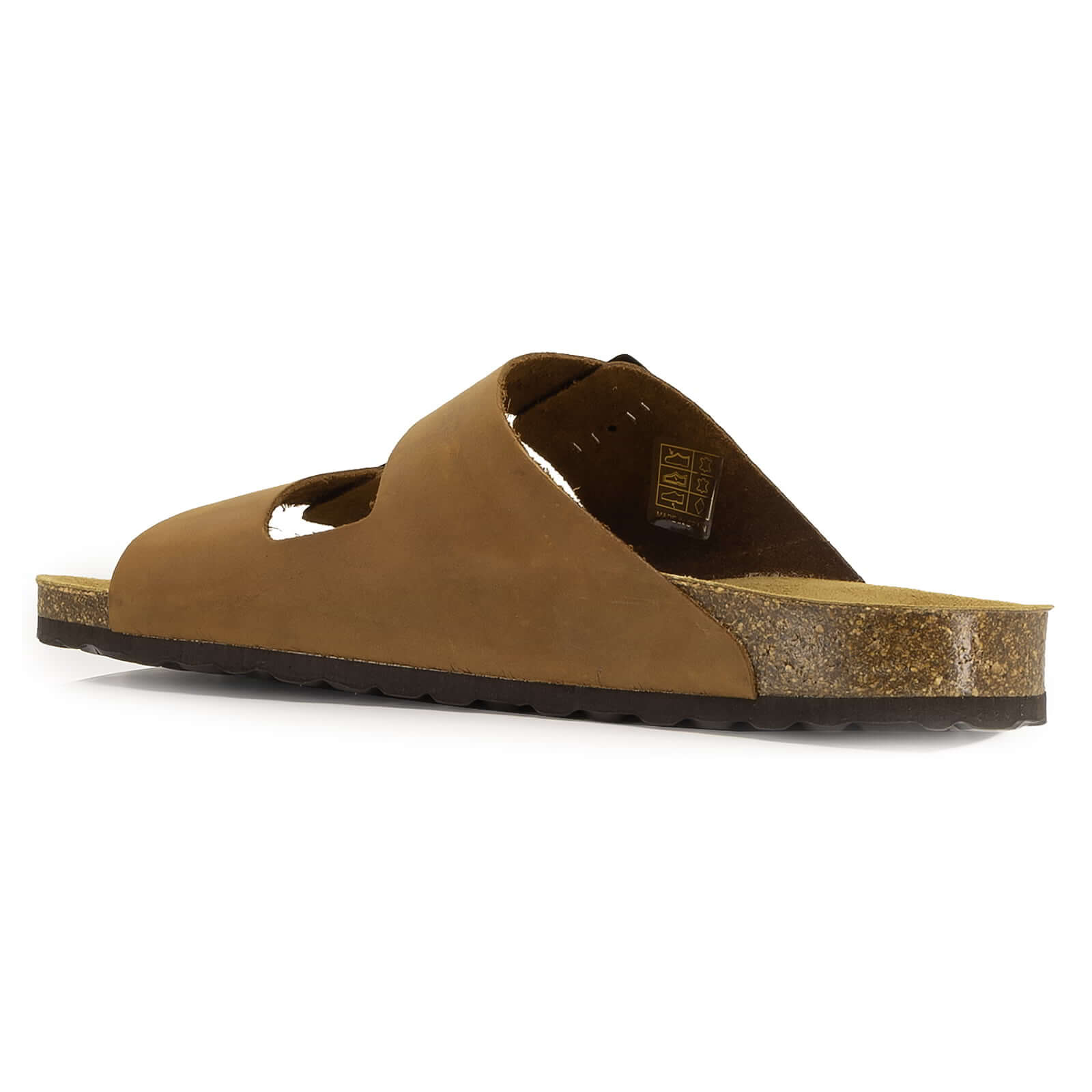 side view of tan oak & hyde malaga sandals highlighting leather upper and contoured cork footbed