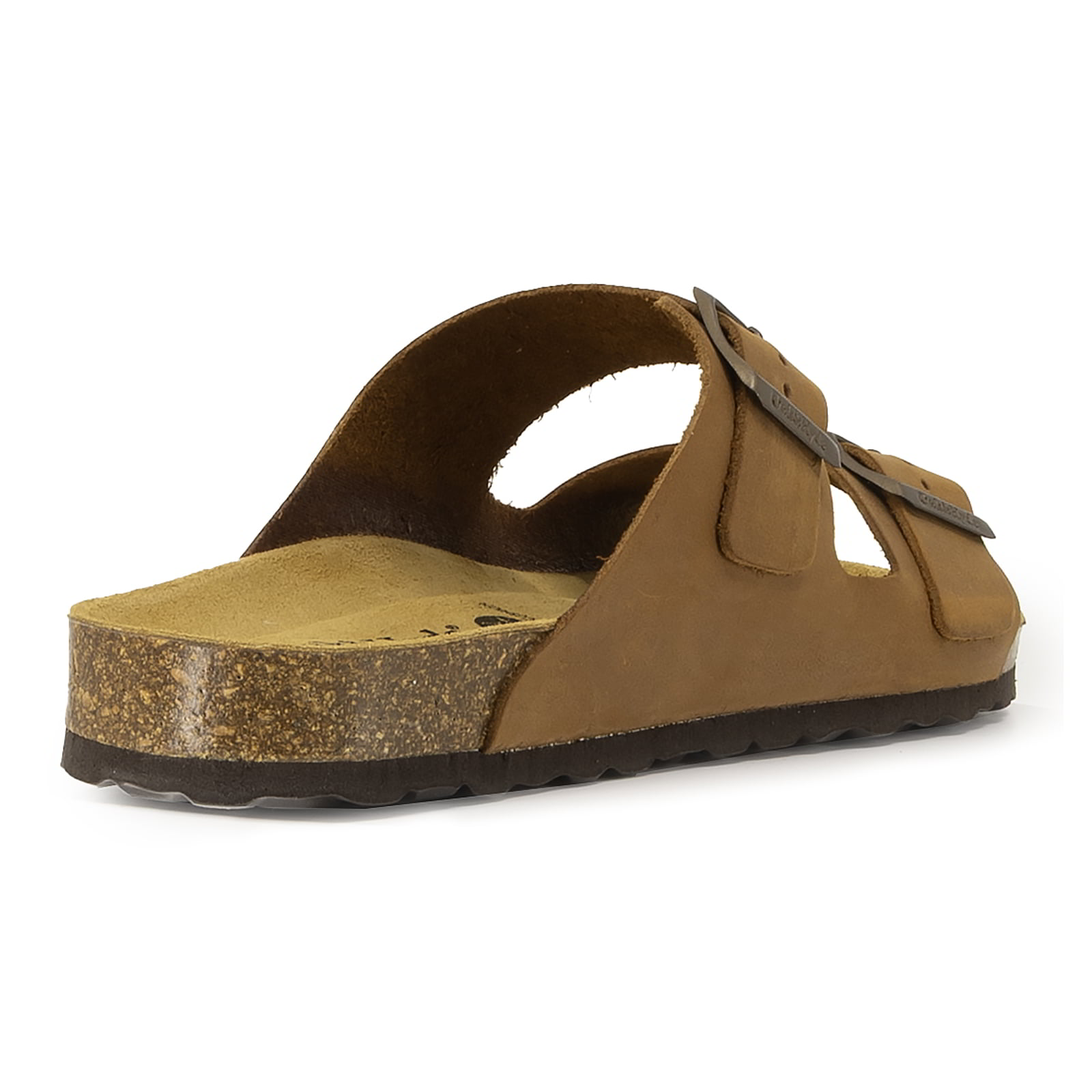 rear angle view of tan oak & hyde malaga sandals showing heel strap edge and cork sole
