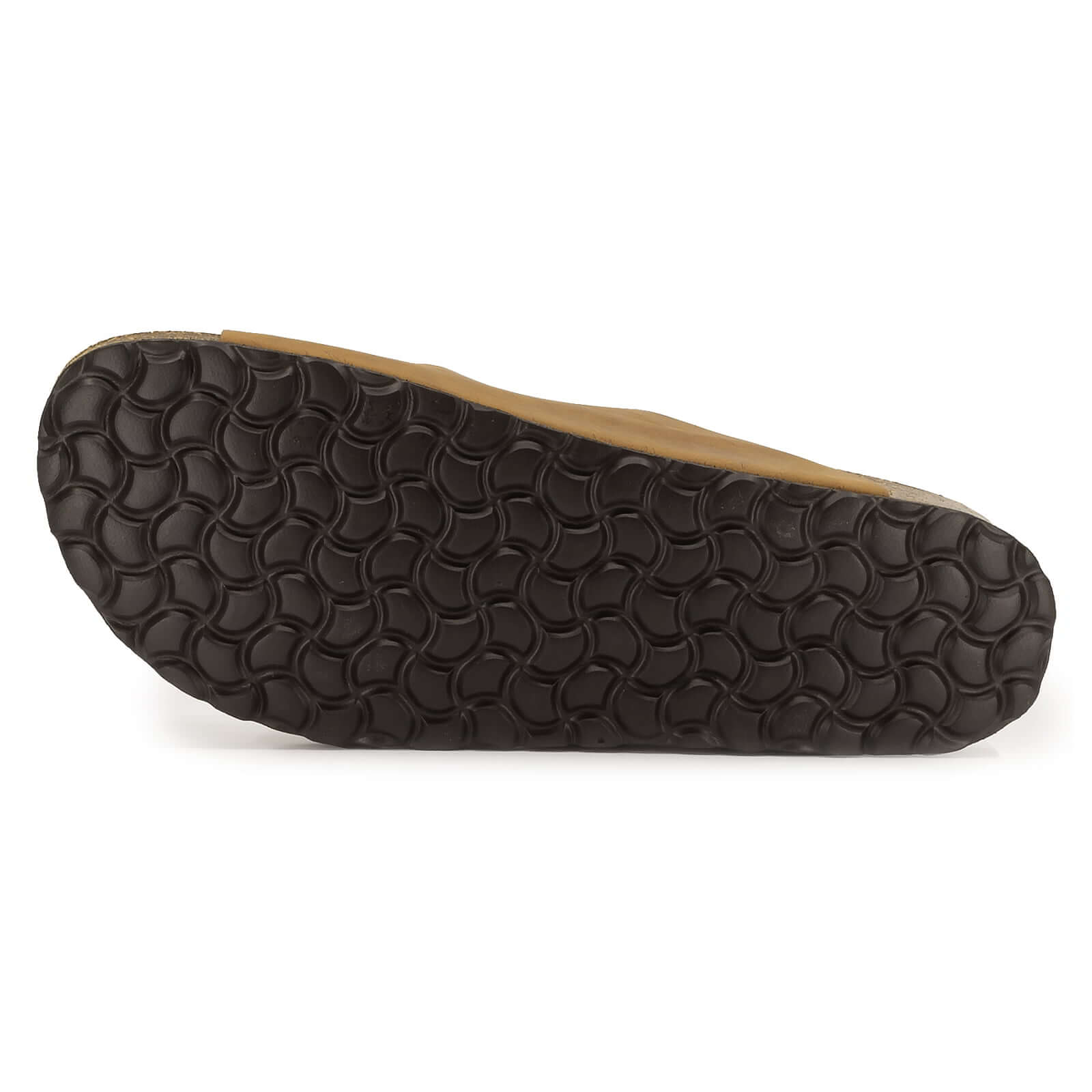 outsole of tan oak & hyde malaga sandals showing textured tread pattern