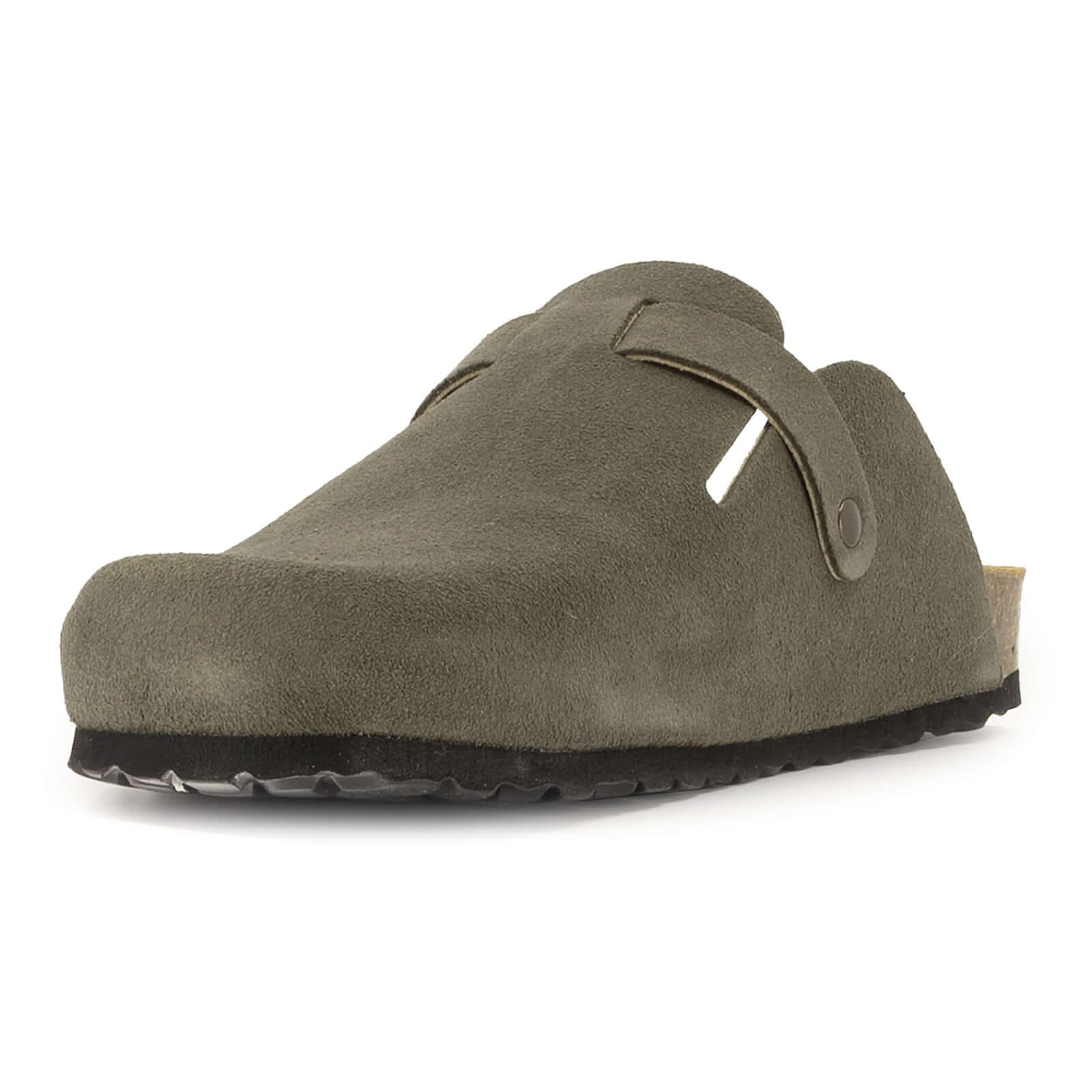 Dark grey suede leather clog viewed from the front and side with buckle strap and cork sole
