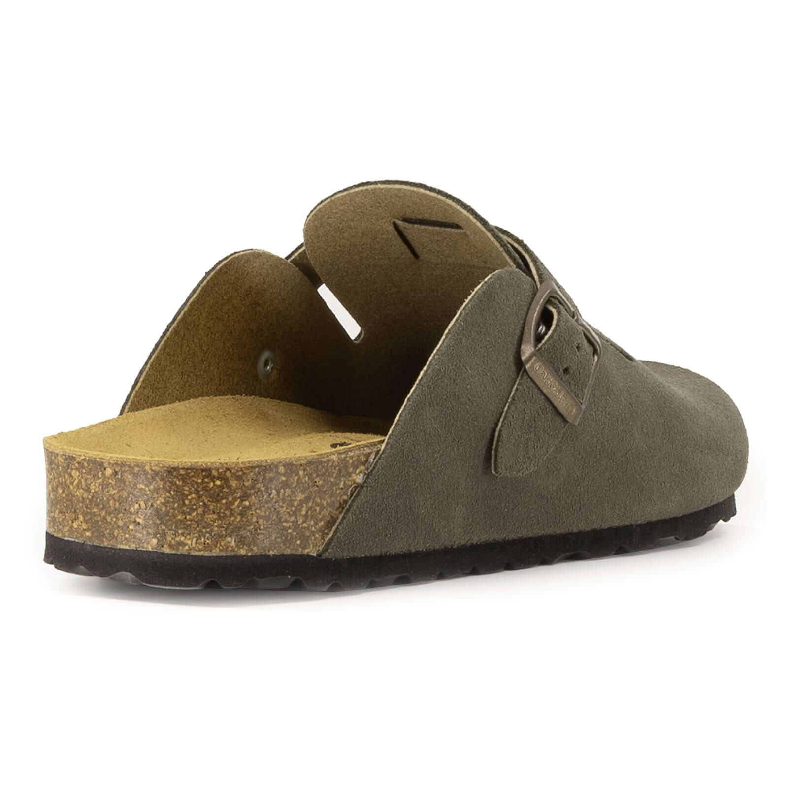 Rear three-quarter view of dark grey suede leather clog showing heel shape and cork footbed