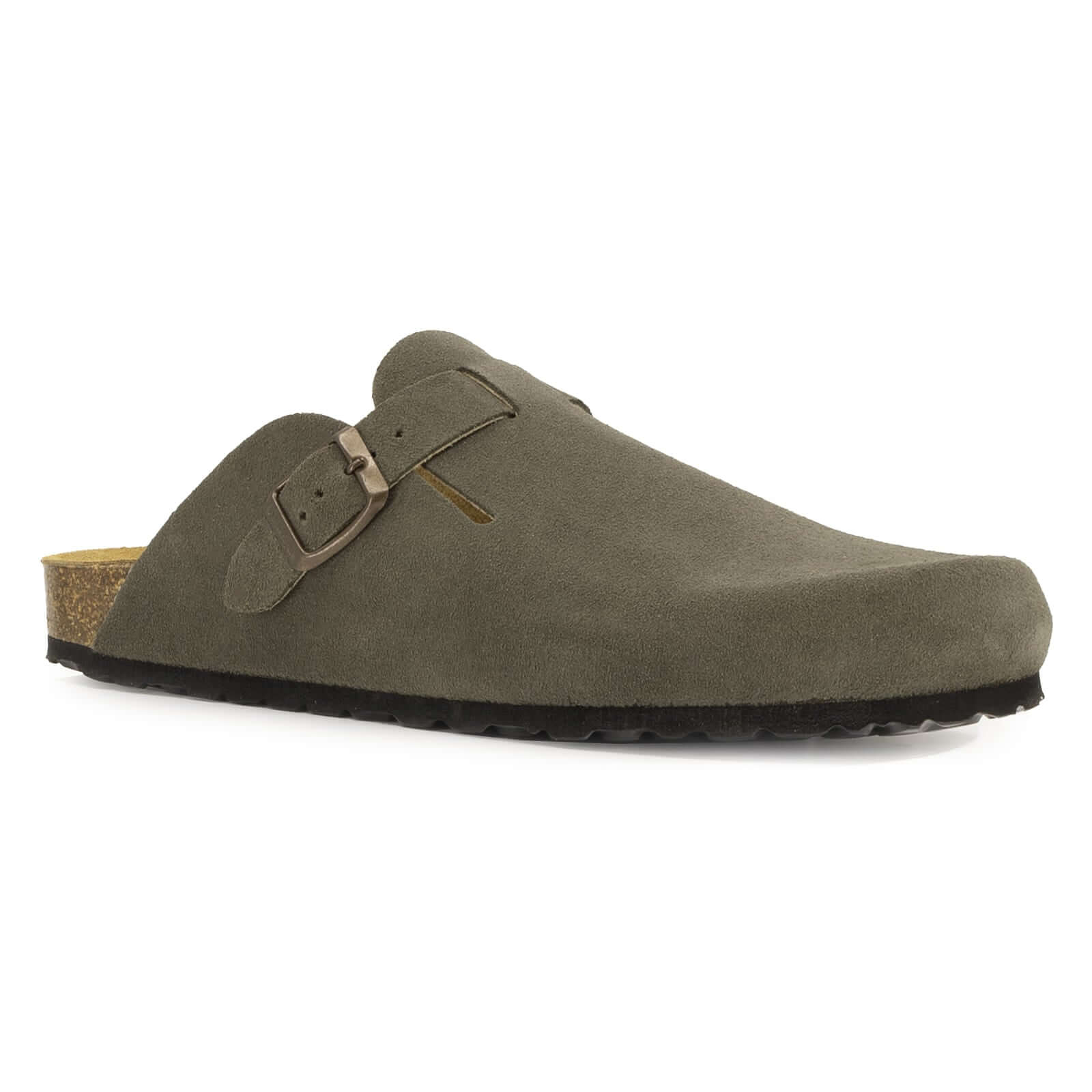 Dark grey suede leather clog with adjustable buckle strap and cork footbed
