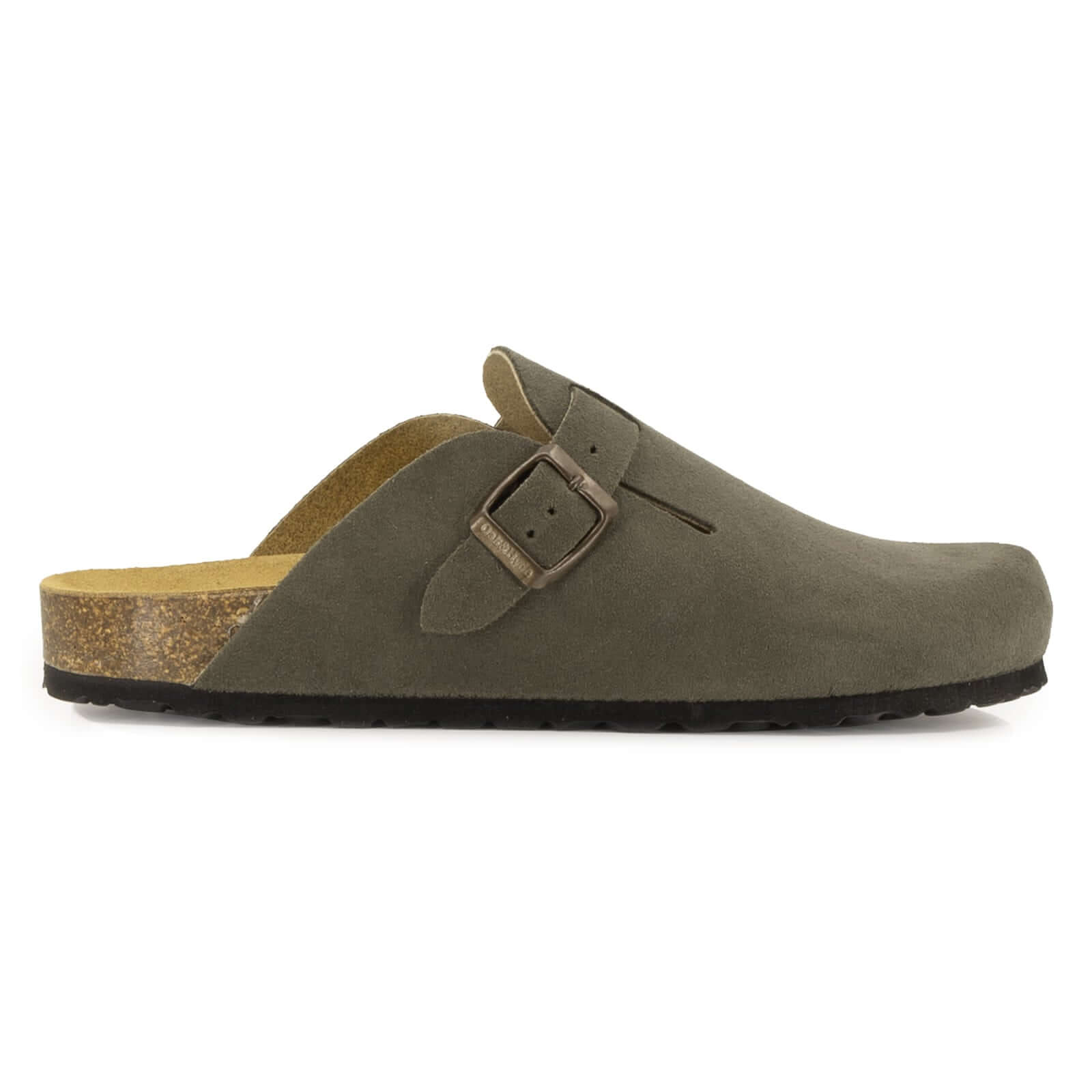 Side view of dark grey suede leather clog with buckle strap and cork footbed