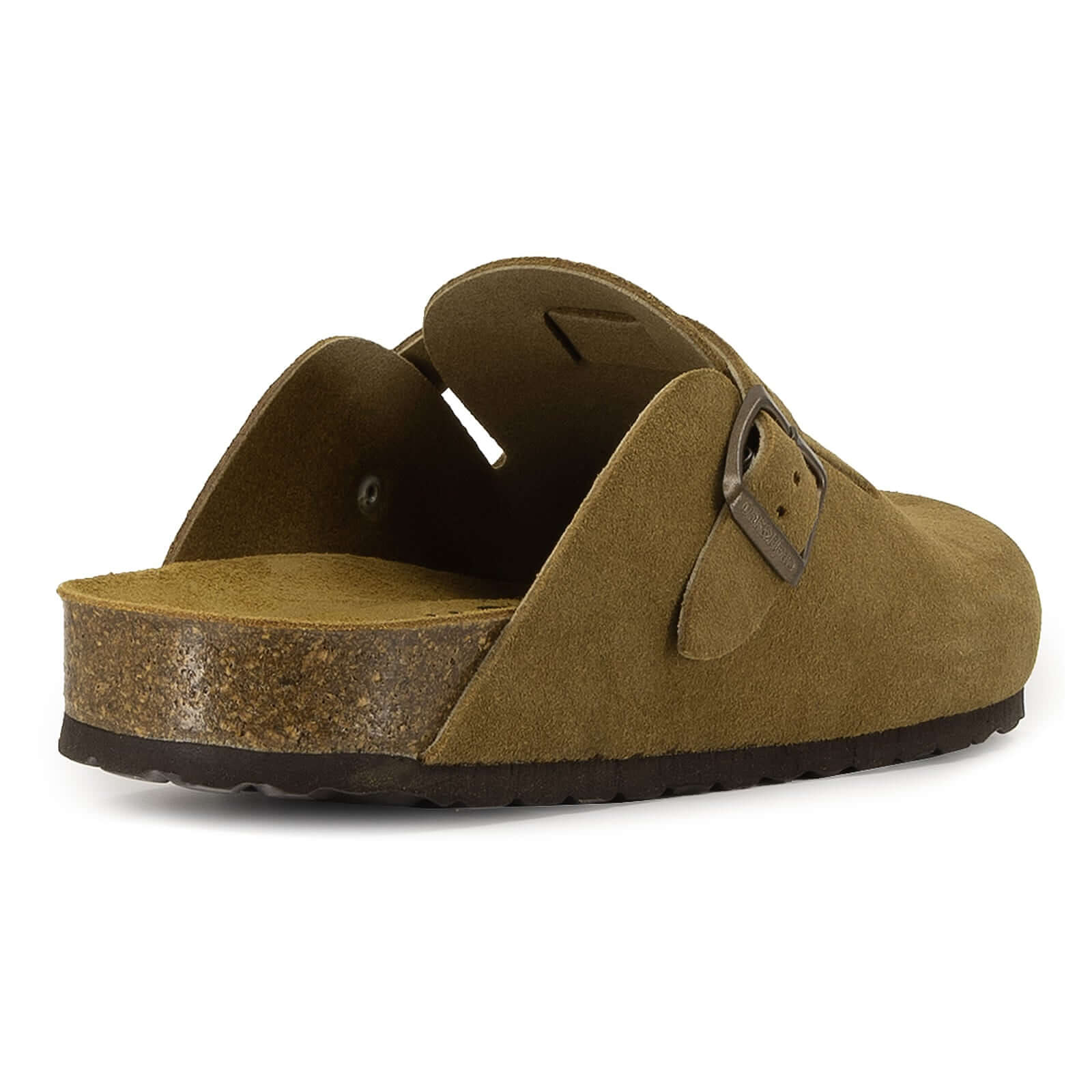 Rear three-quarter view of tan suede leather clog showing heel shape and cork footbed