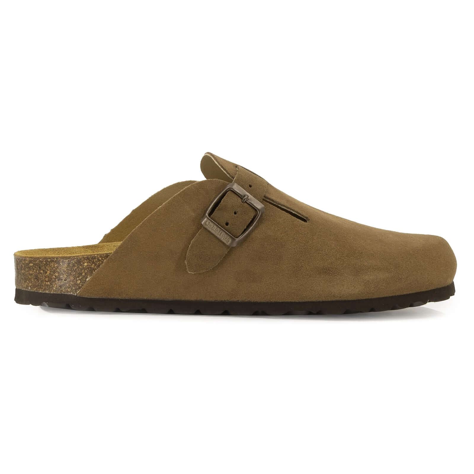 light brown suede clog shown from the side with closed toe, buckle strap, and cork sole