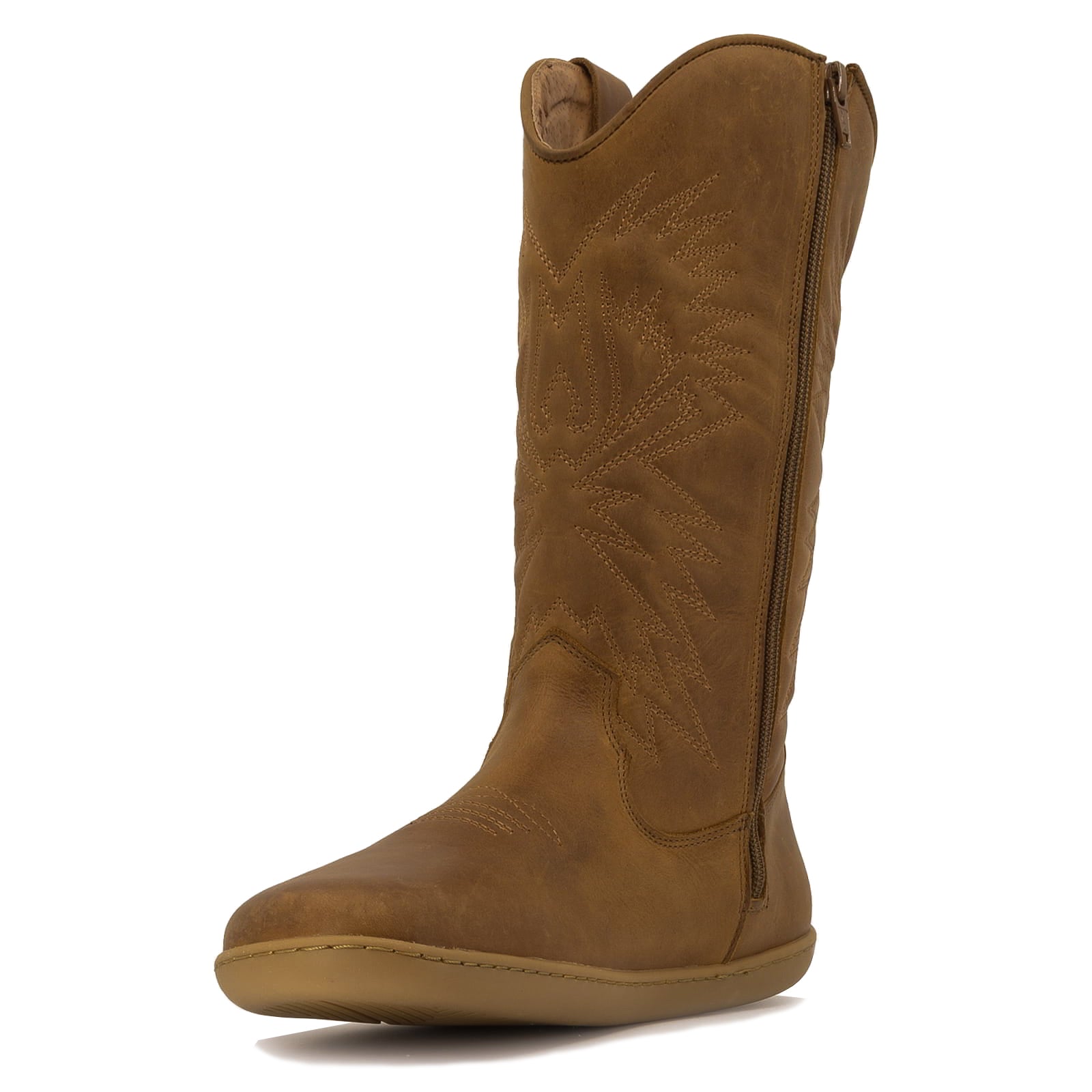 Brown leather barefoot cowboy boot with a zipper on a white background