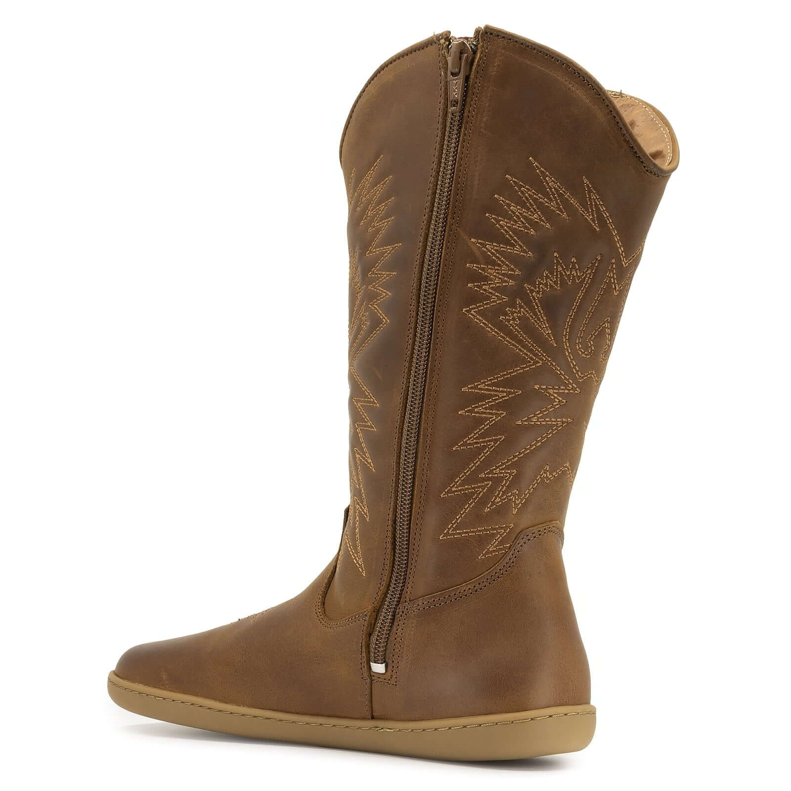 inside angle of brown barefoot cowboy boot on white background