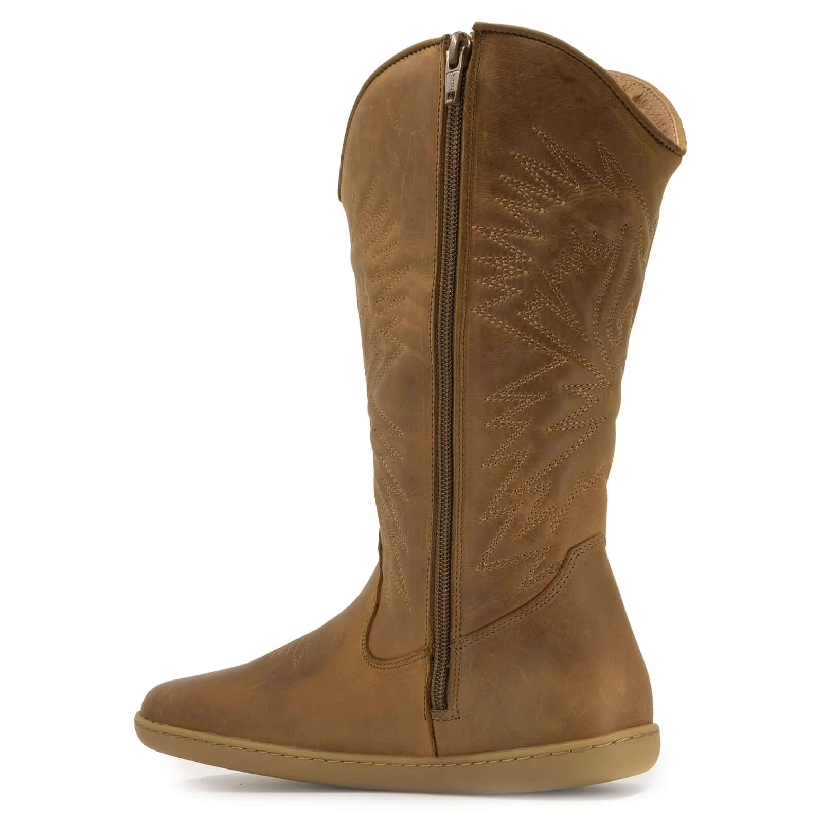 inside angle of brown barefoot cowboy boot on white background