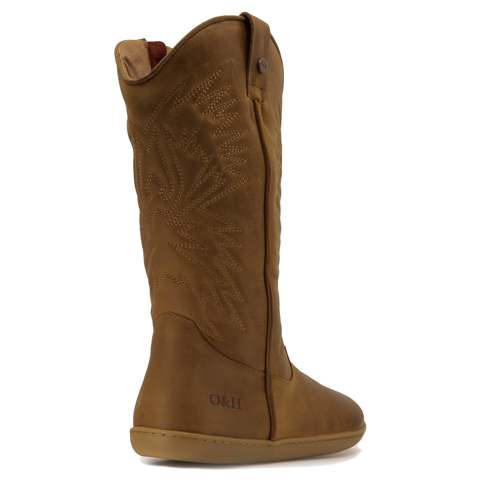 brown barefoot cowboy boot showing O&H branding on heel on white background