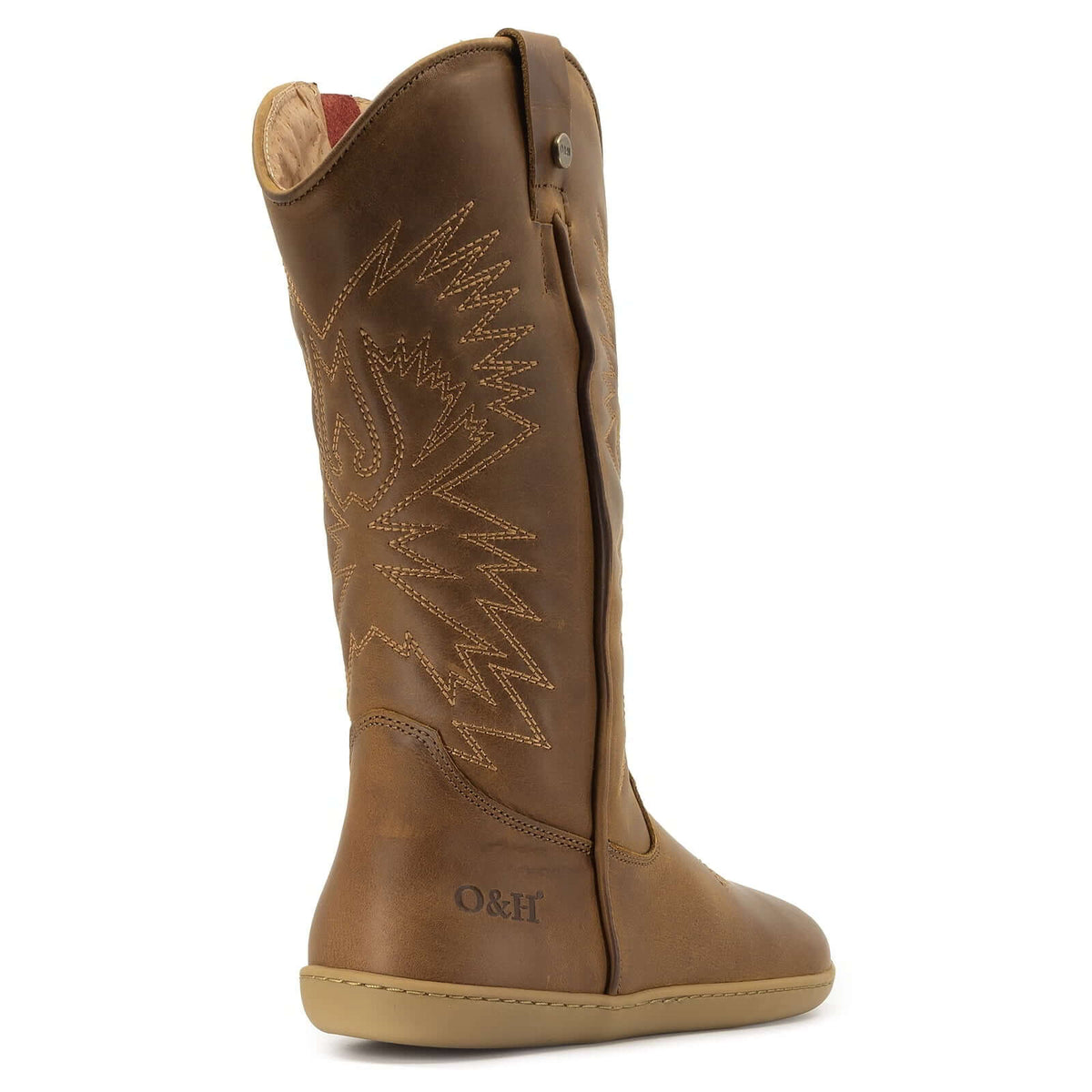 brown barefoot cowboy boot showing O&H branding on heel on white background