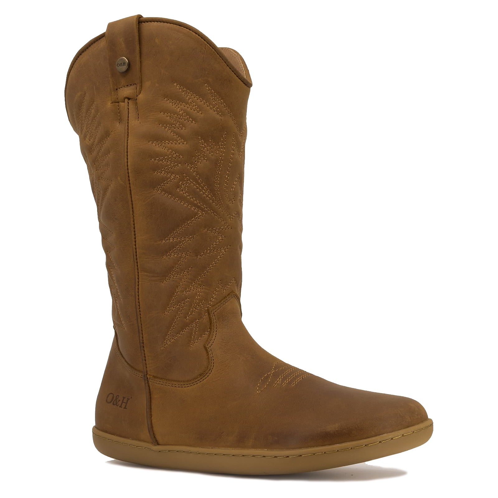 Side angle of a brown leather barefoot cowboy boot on a white background