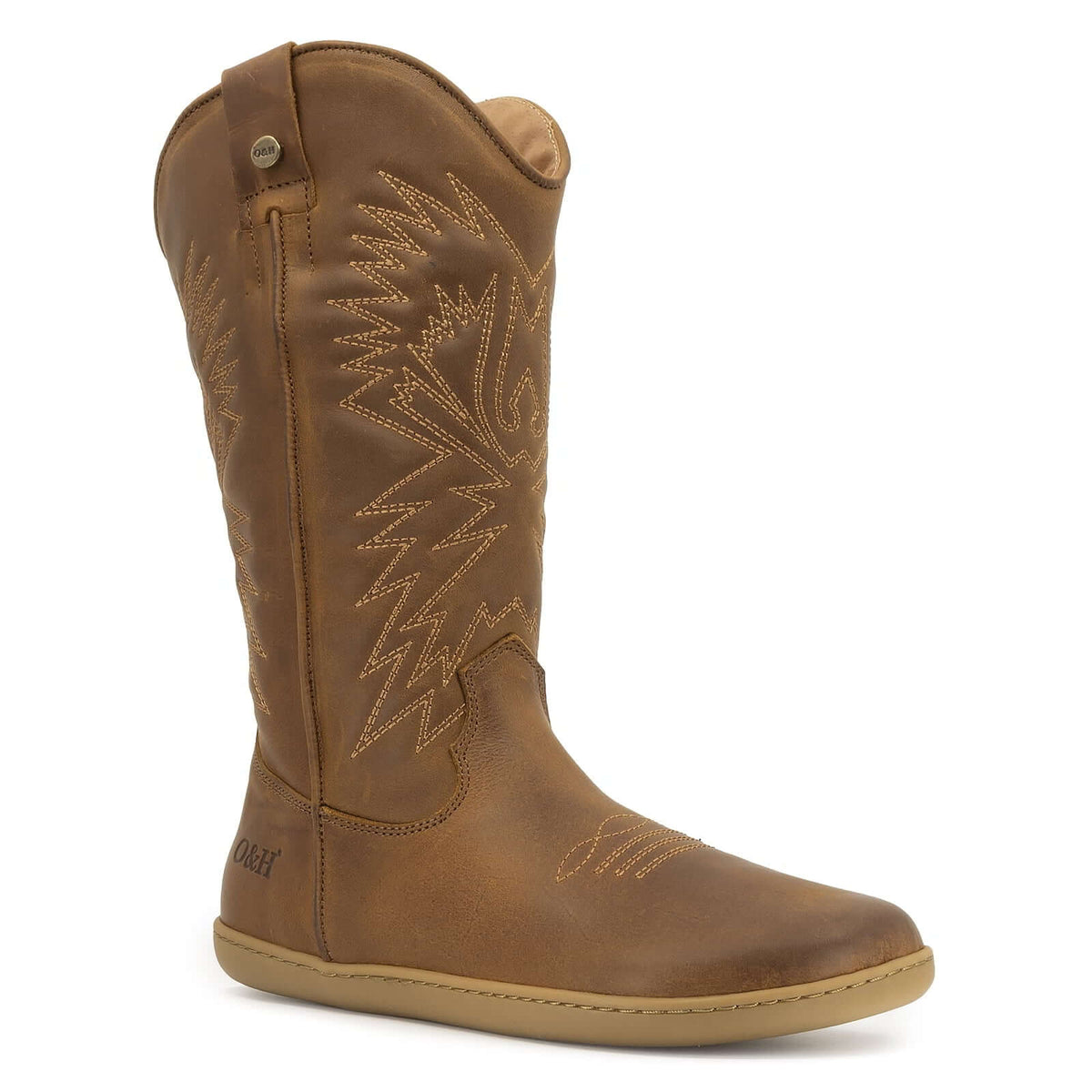 Side angle of a brown leather barefoot cowboy boot on a white background