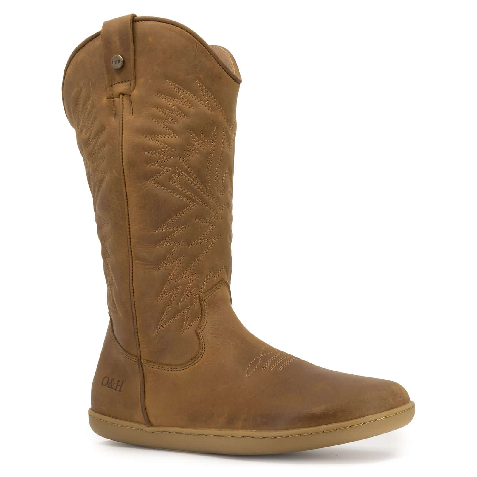 Side angle of a brown leather barefoot cowboy boot on a white background