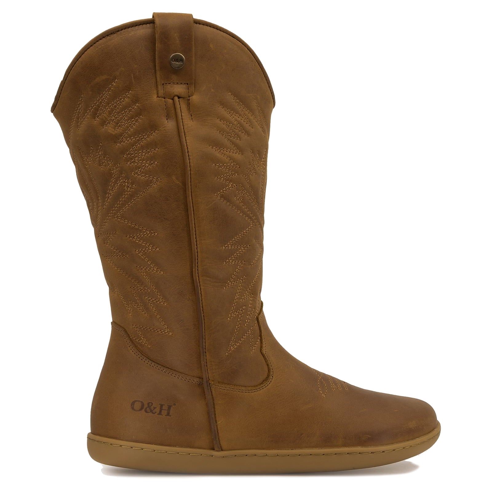 Brown leather cowboy boot with 'O&H' branding on a white background