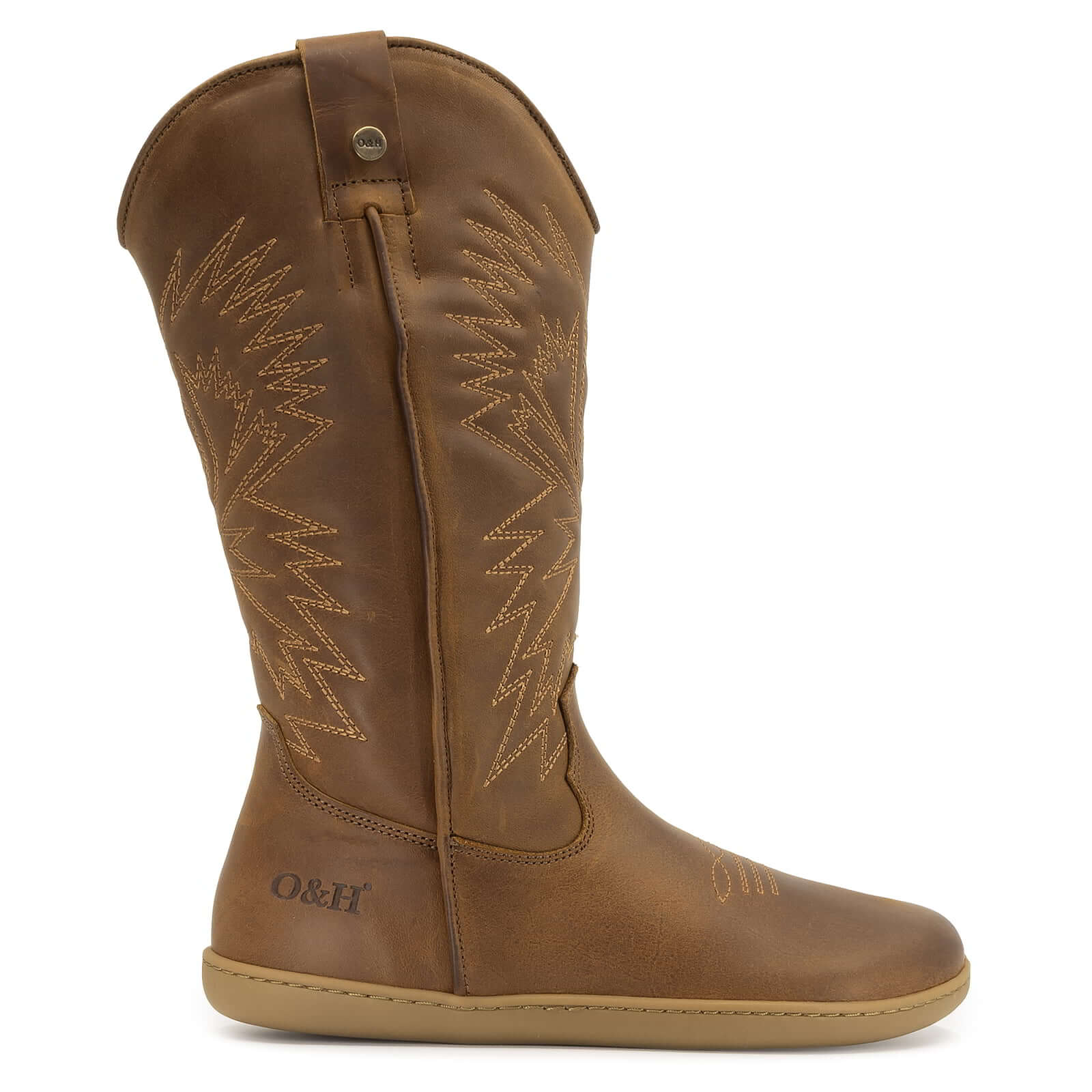 Brown leather cowboy boot with 'O&H' branding on a white background