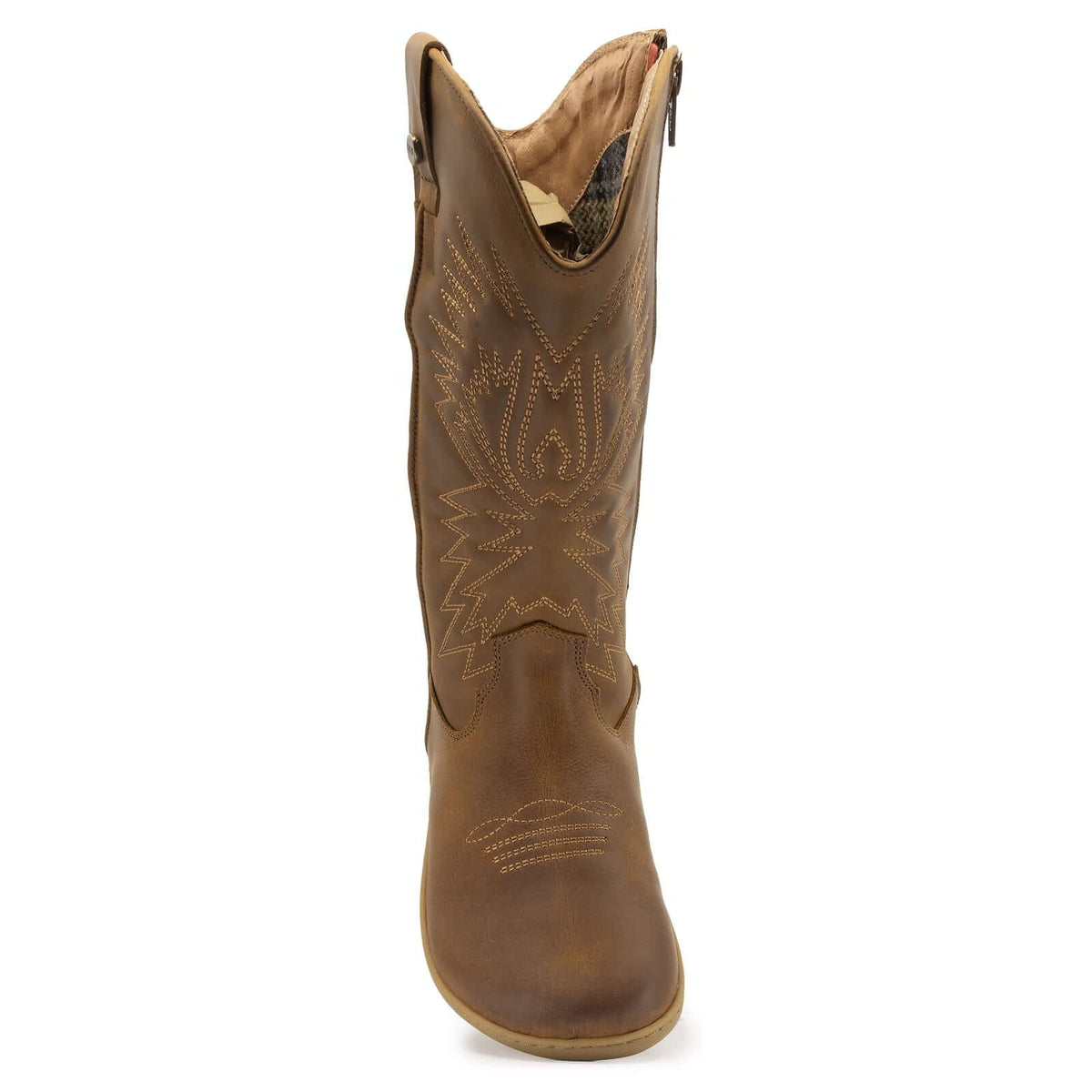 view of front of mesquite barefoot cowboy boots showing the toe shape