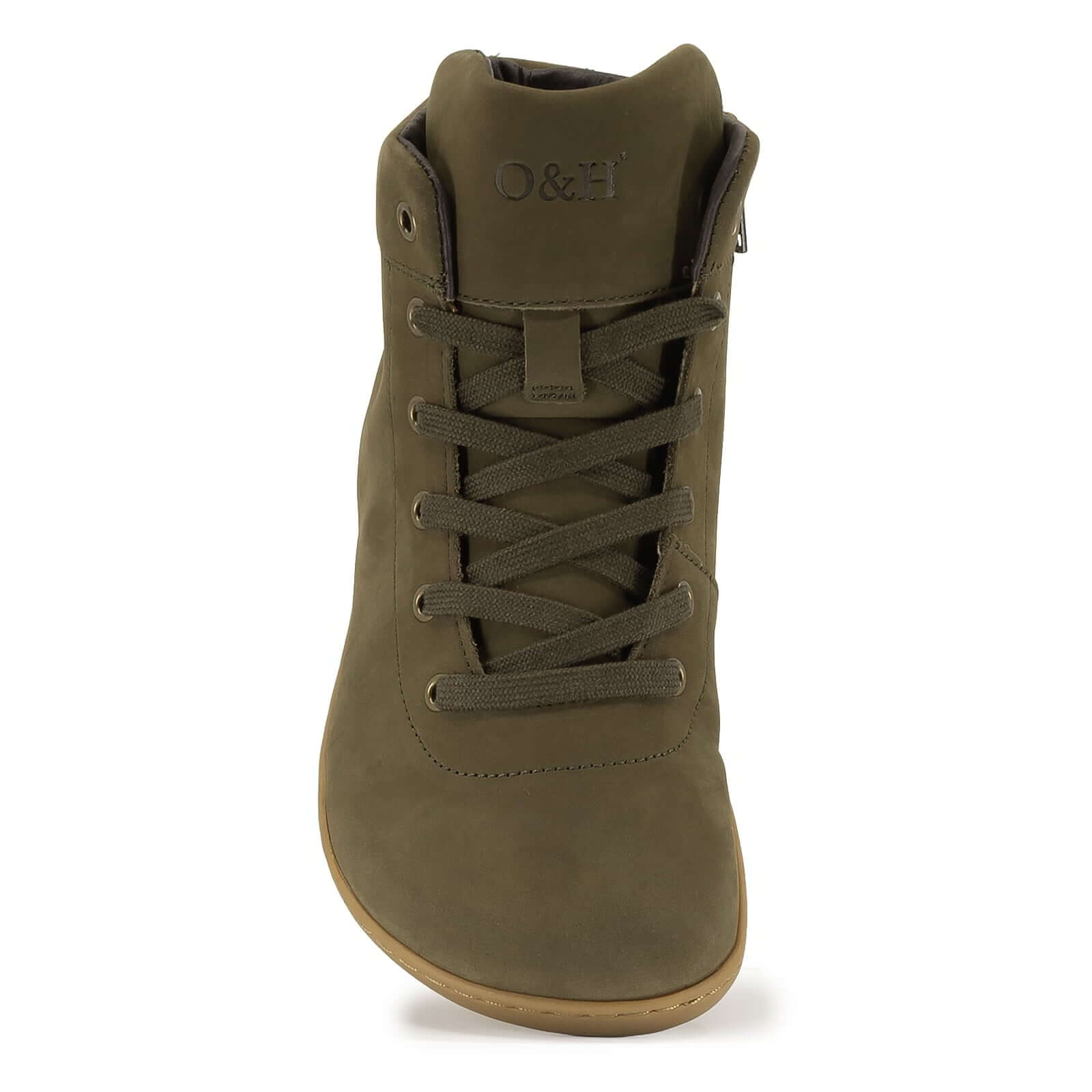 view of the toe box shape on mulberry barefoot ankle boots in khaki