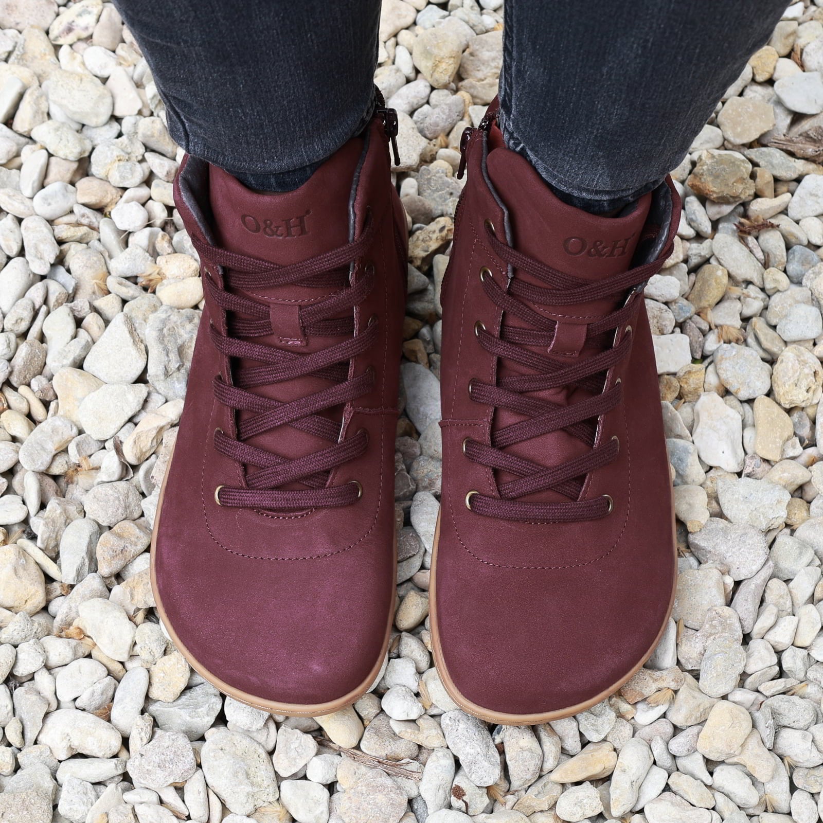 top down view of mulberry barefoot ankle boots in wine showing toe shape