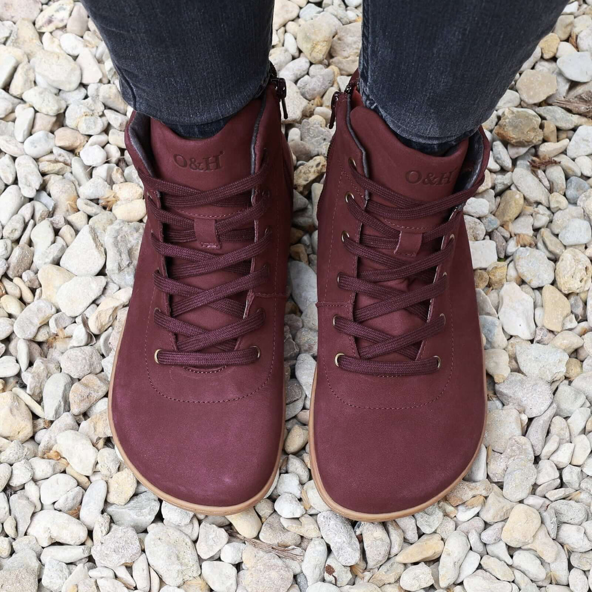 top down view of mulberry barefoot ankle boots in wine showing toe shape