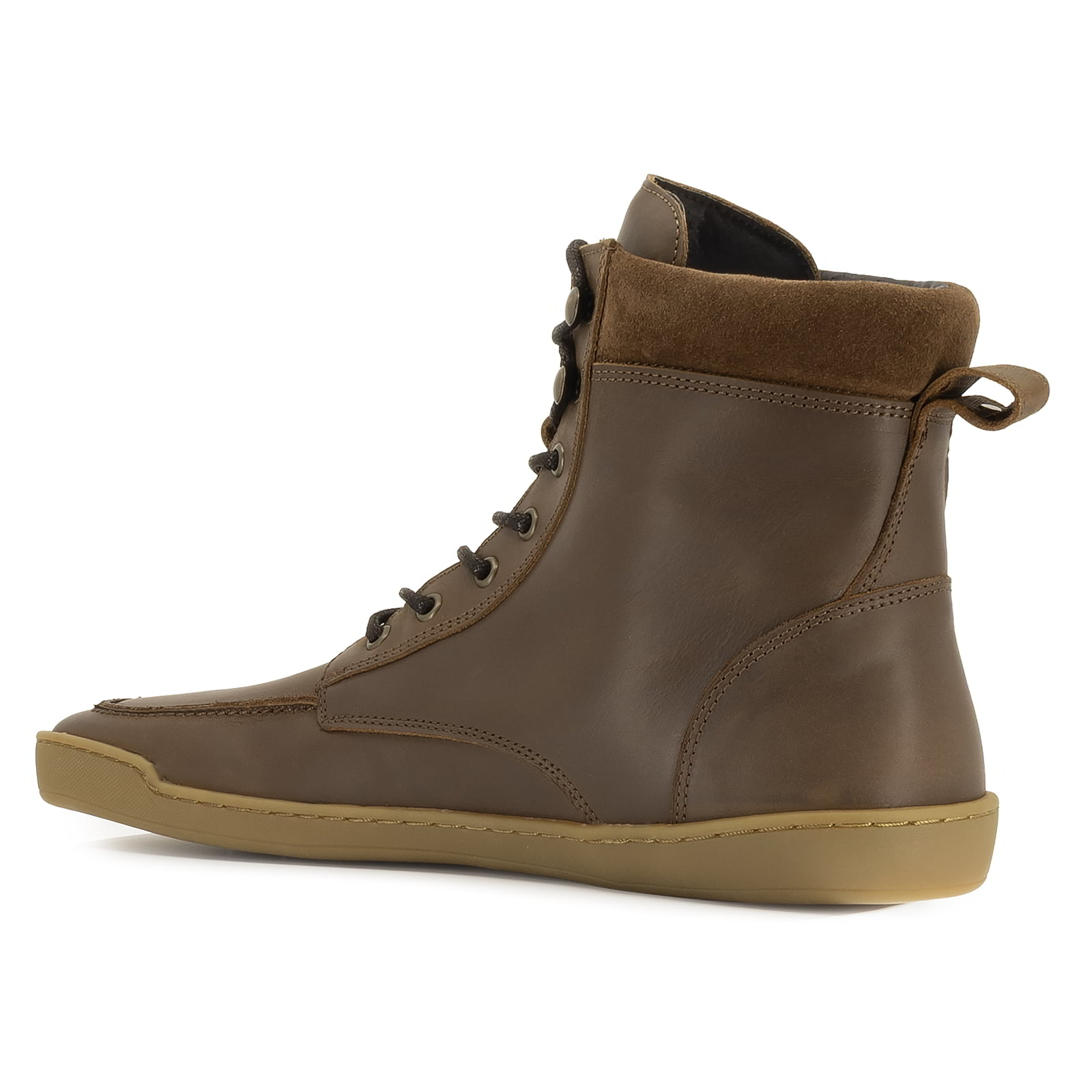 inside angle of mens redwood boots in brown showing collar and gum outsole