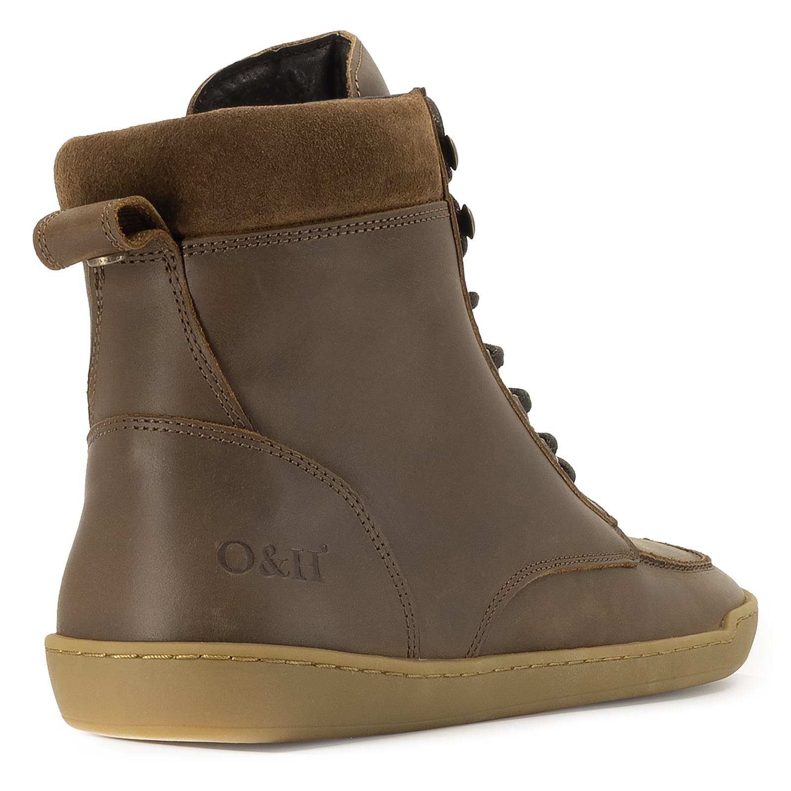 heel view of redwood boots in brown showing O&H branding and back of boots