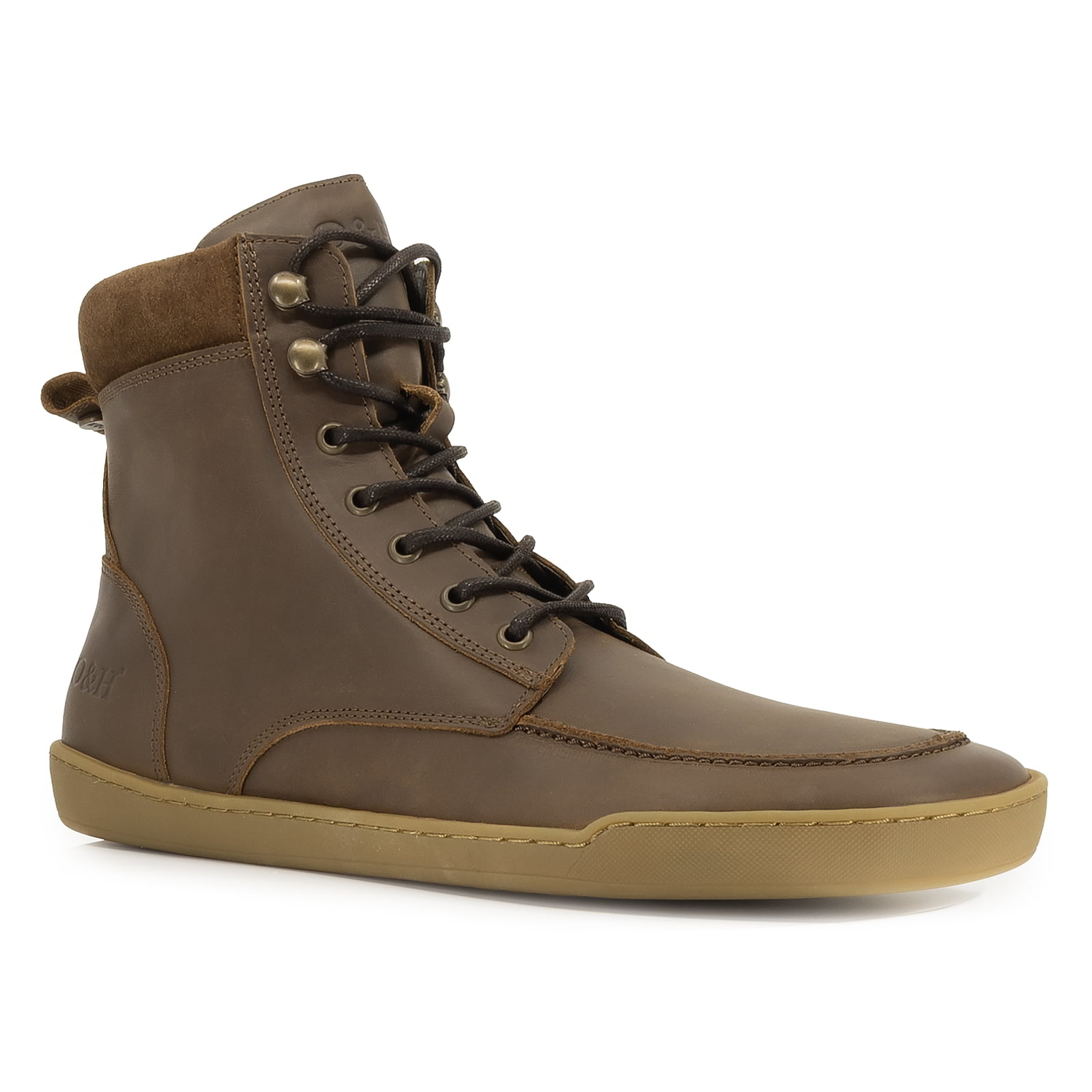 angled view of redwood barefoot boots in brown showing front lace