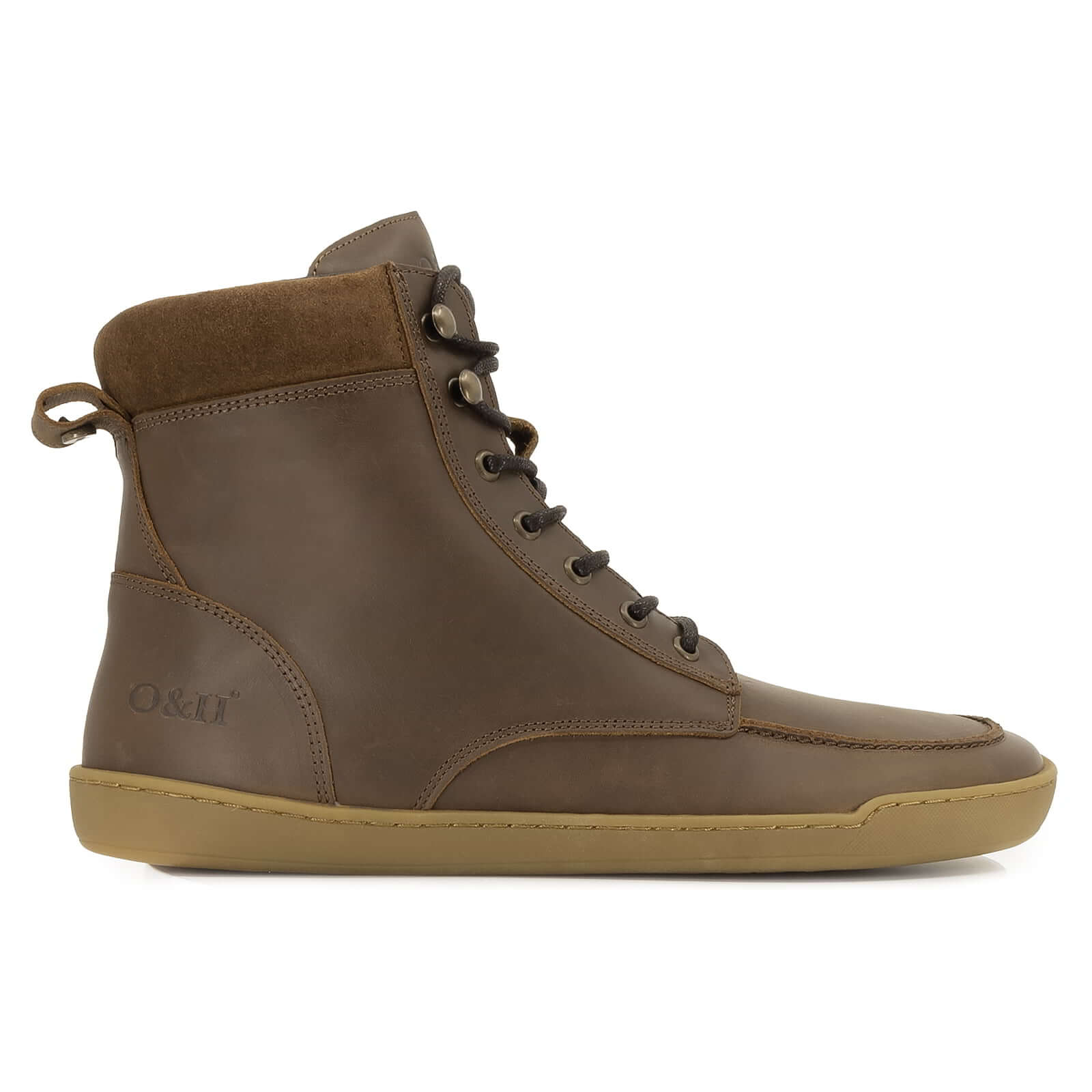 side profile view of redwood barefoot boots brown showing leather upper