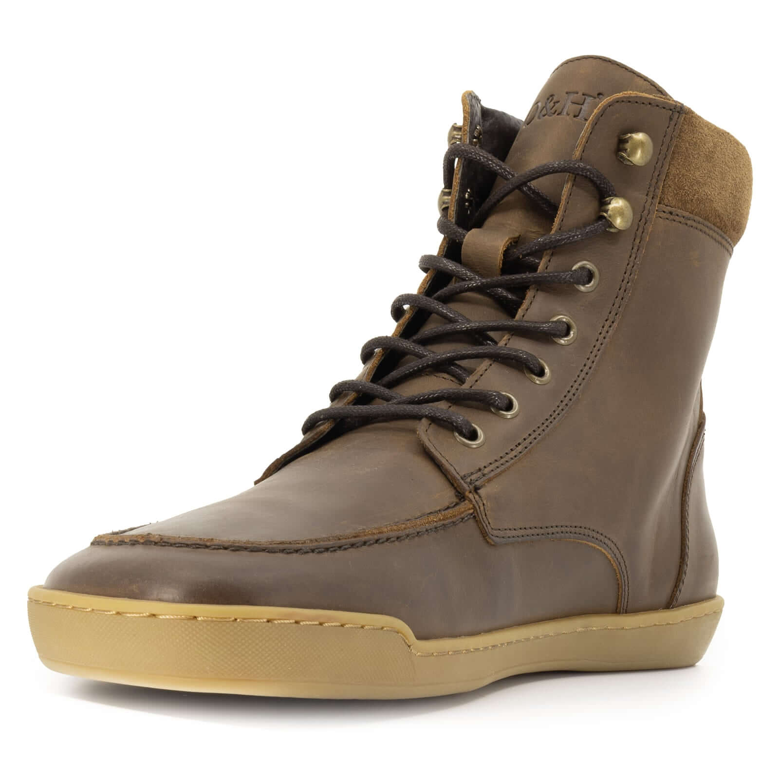 front on view of redwood barefoot boots brown showing toe and suede collar