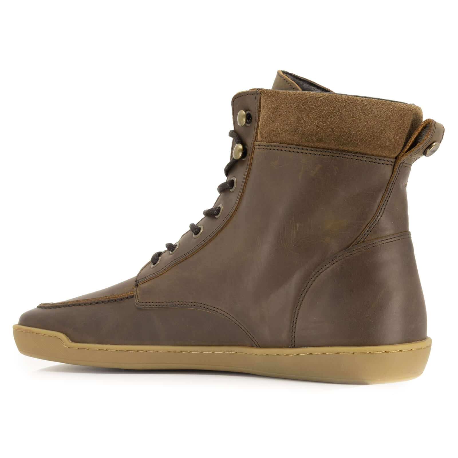 inside angle of mens redwood boots in brown showing collar and gum outsole