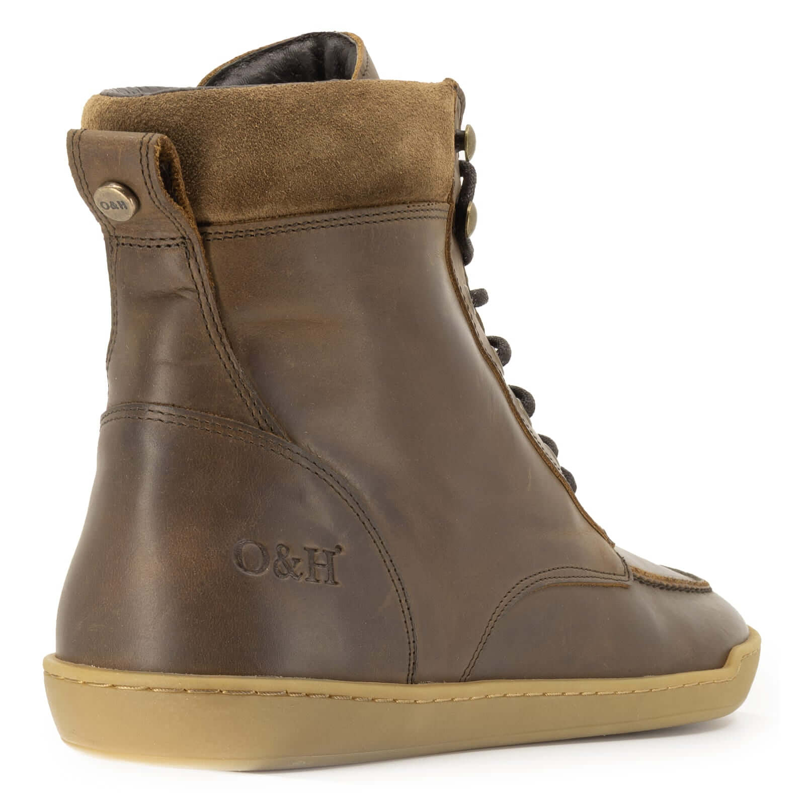 heel view of redwood boots in brown showing O&H branding and back of boots