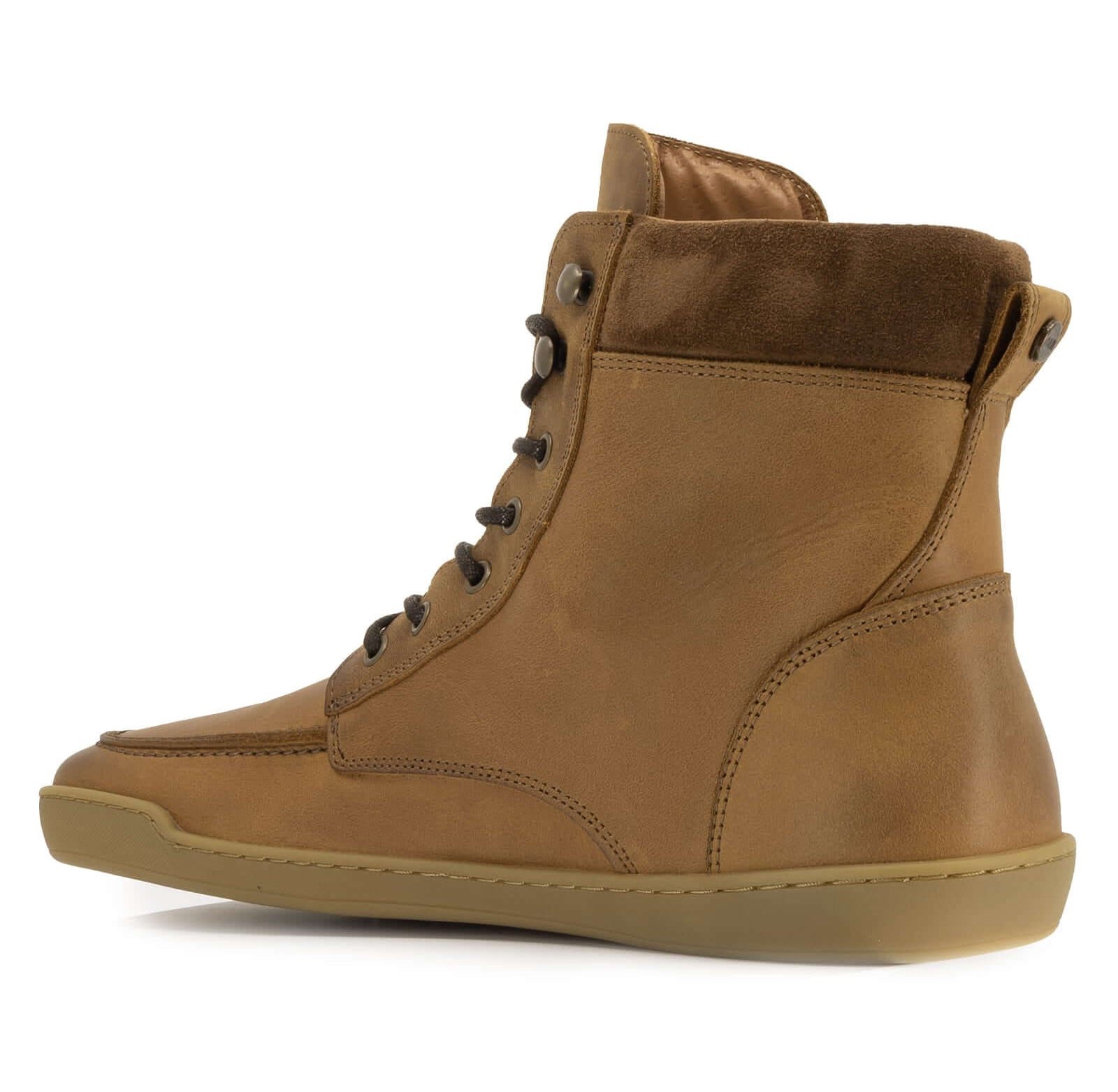 inside angle of redwood barefoot boots showing stitch detailing and gum outsole