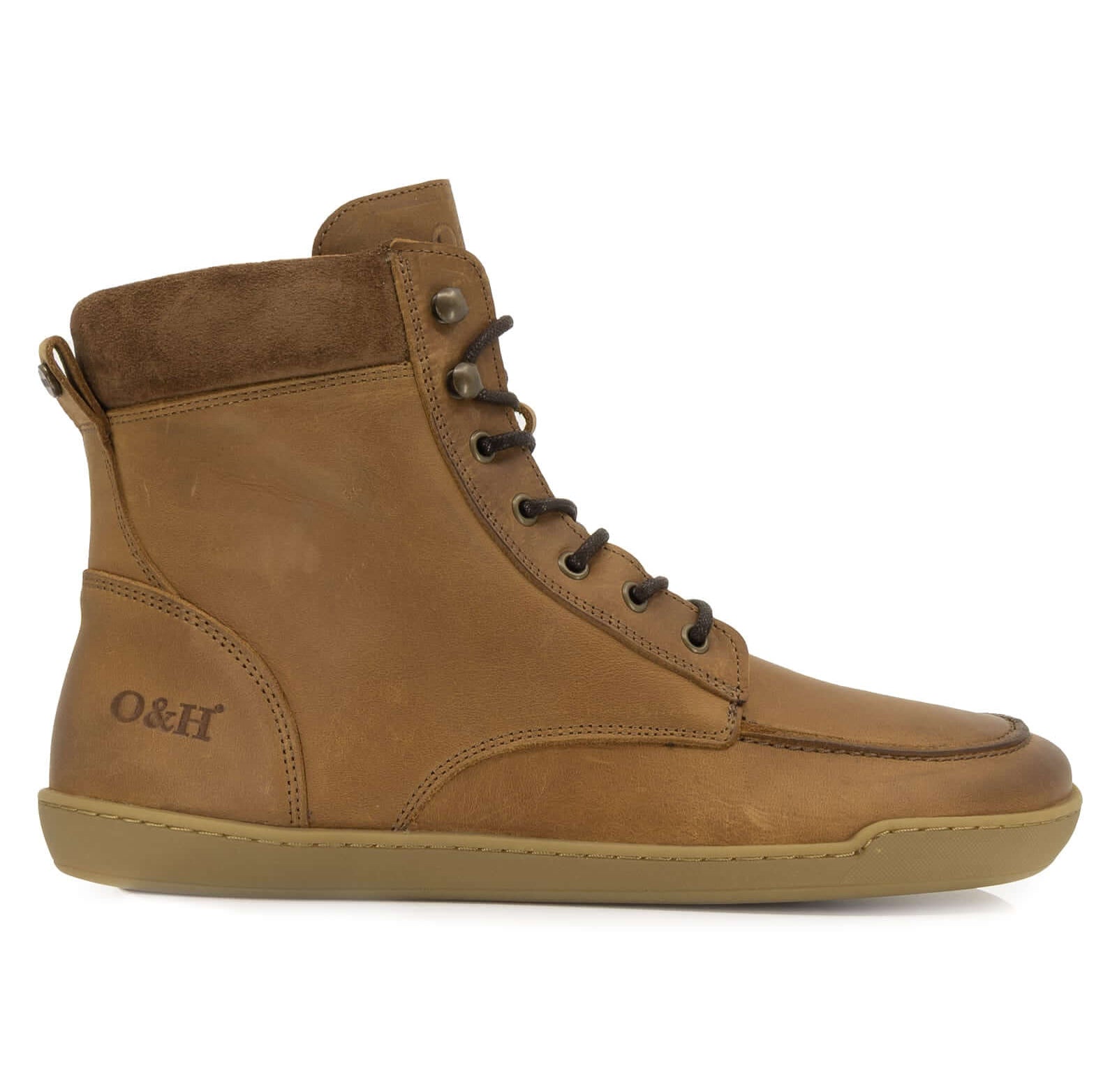 side profile of Redwood barefoot boots showing heel logo and suede collar detailing