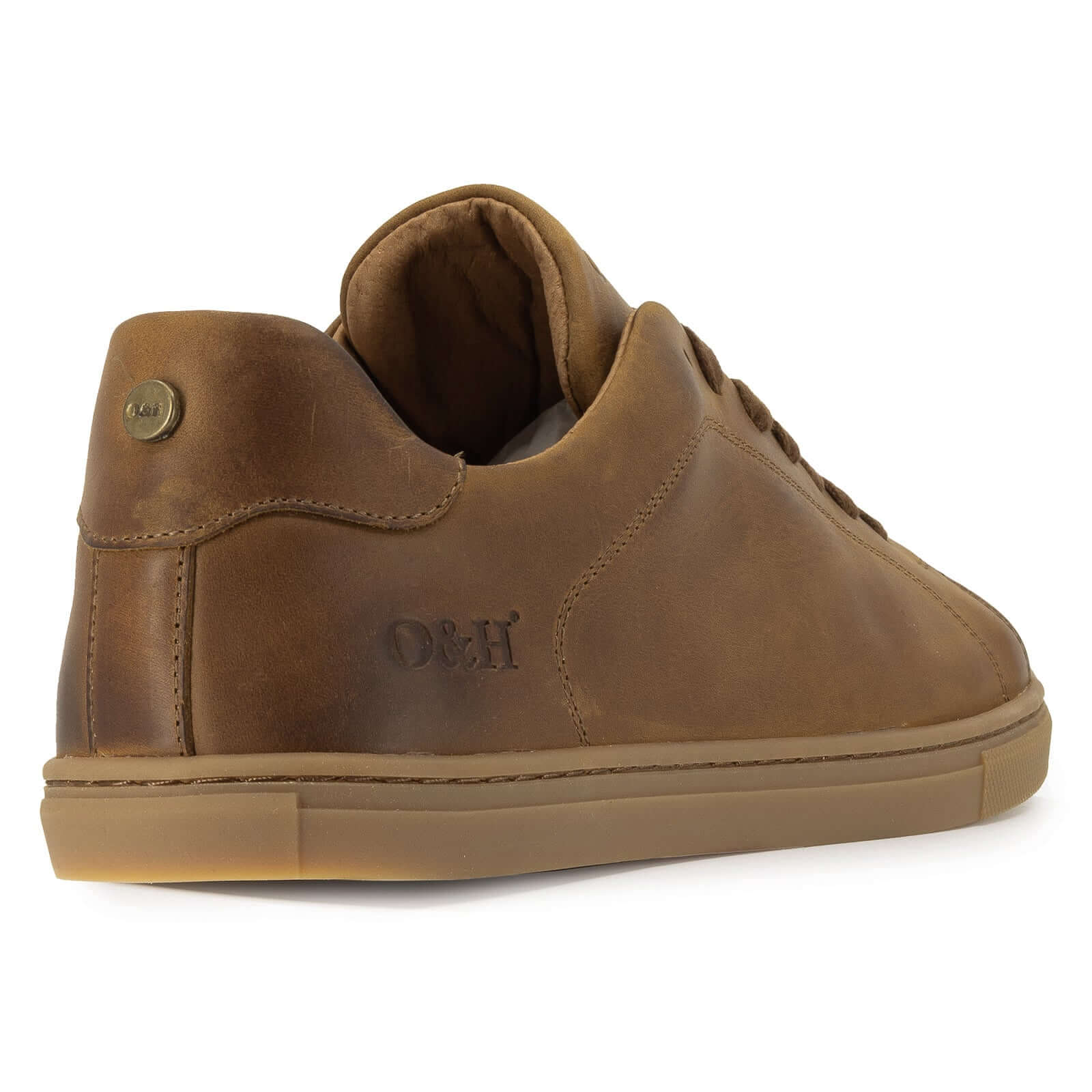 heel view of rowan barefoot shoes showing O&H heel branding