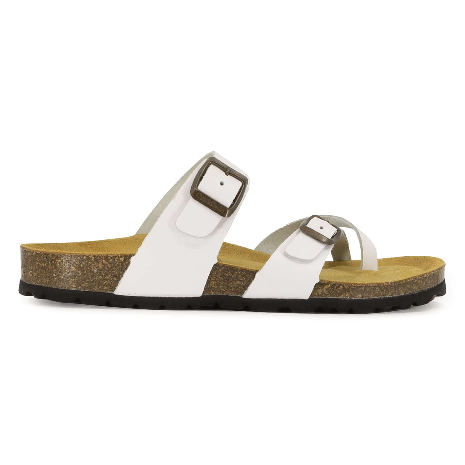 side profile view of savannah 2 white sandals showing leather upper and buckle detailing