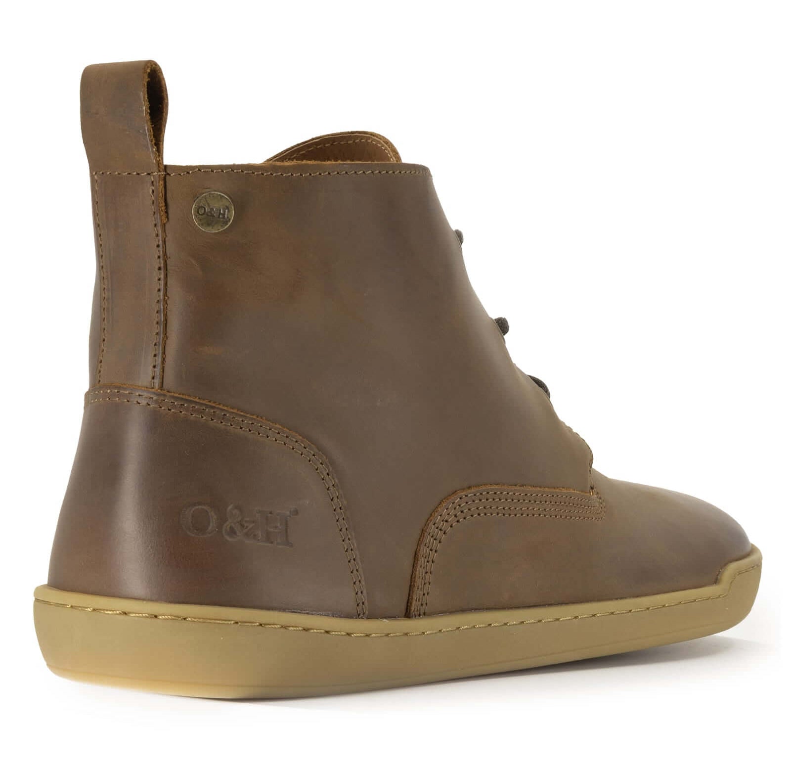 heel view of spruce barefoot boots in brown showing heel pull tab